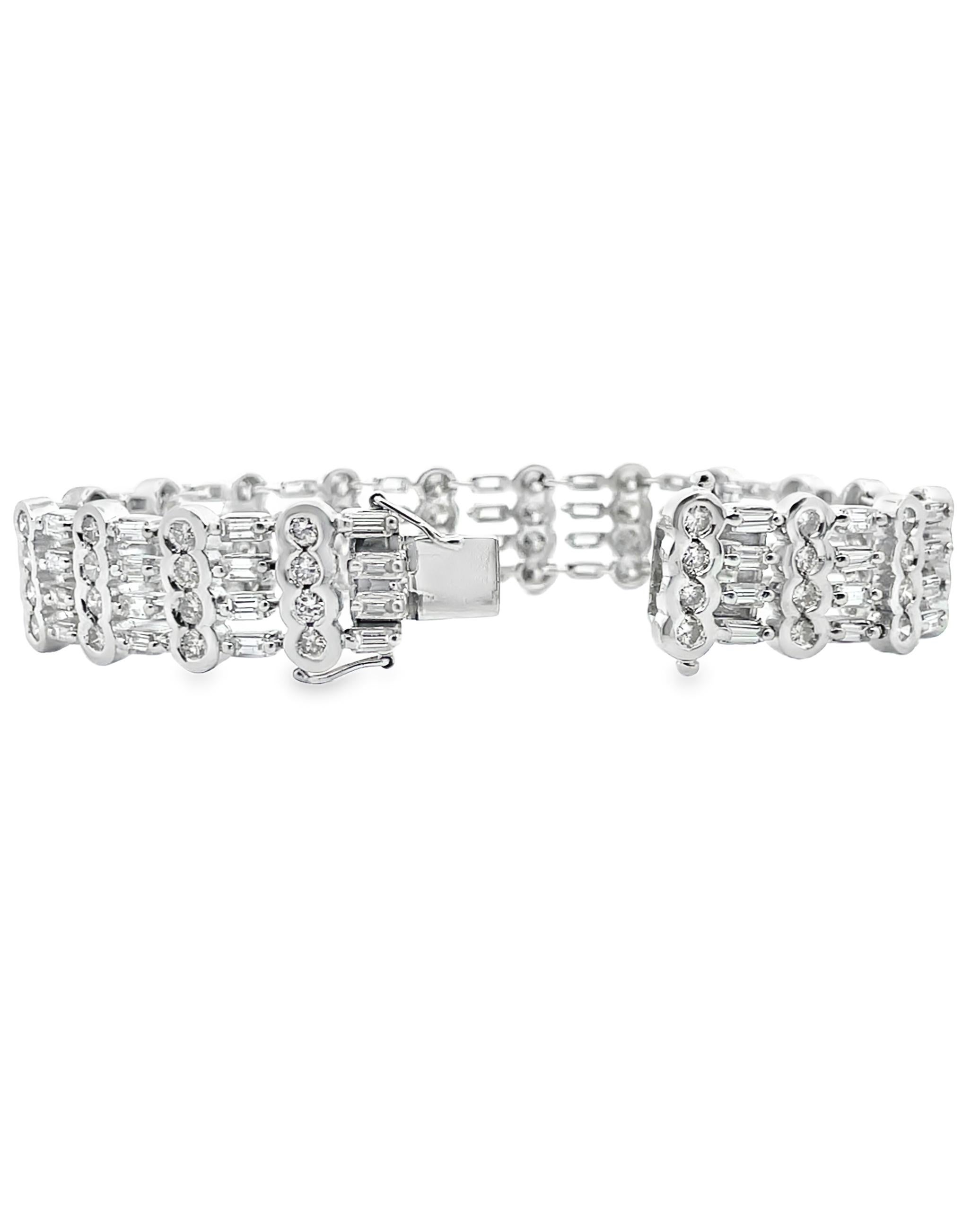 Wide Geometric 9.88 Carat Round & Baguette Diamond Bracelet in 18K White Gold For Sale 1