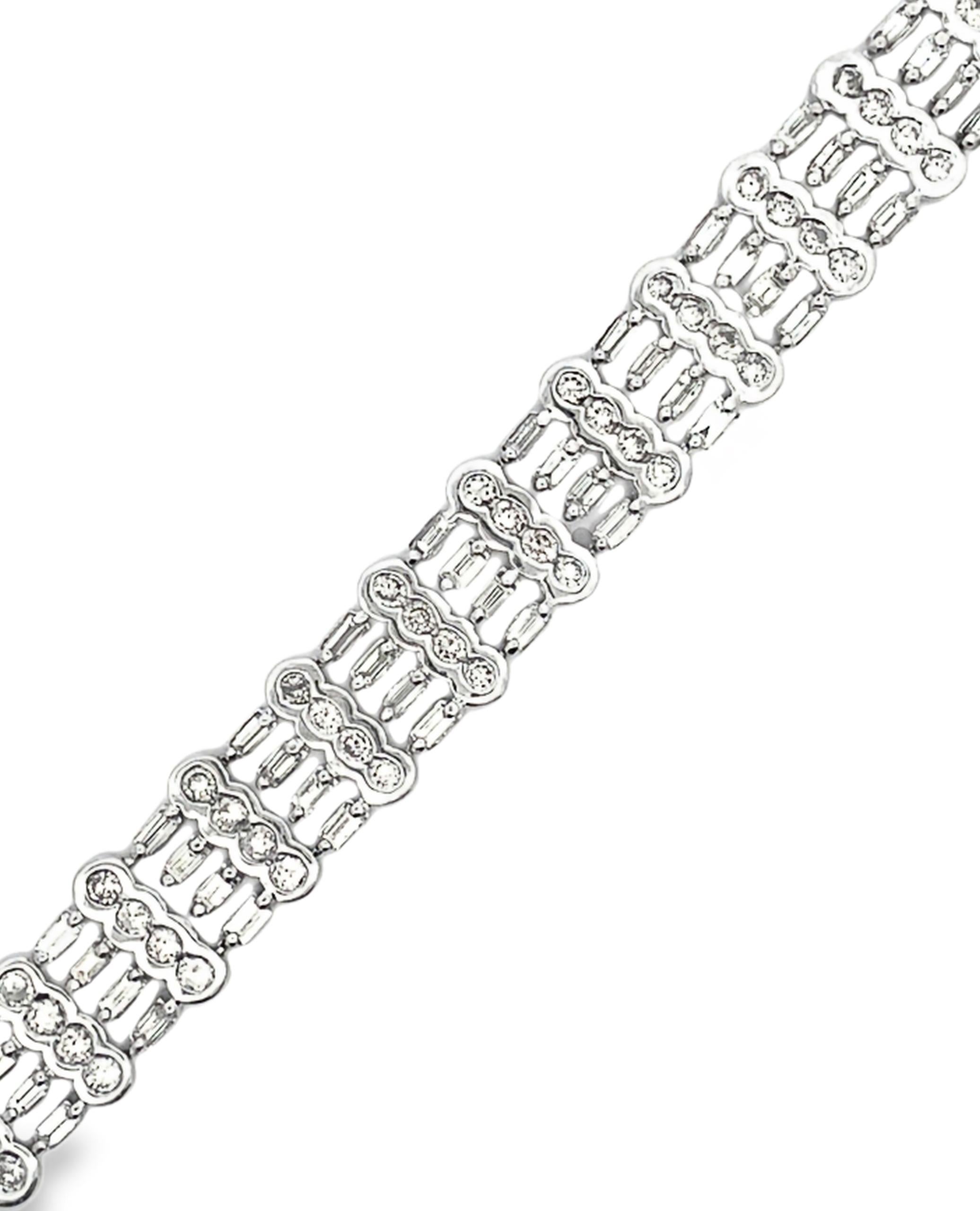Wide Geometric 9.88 Carat Round & Baguette Diamond Bracelet in 18K White Gold For Sale 2