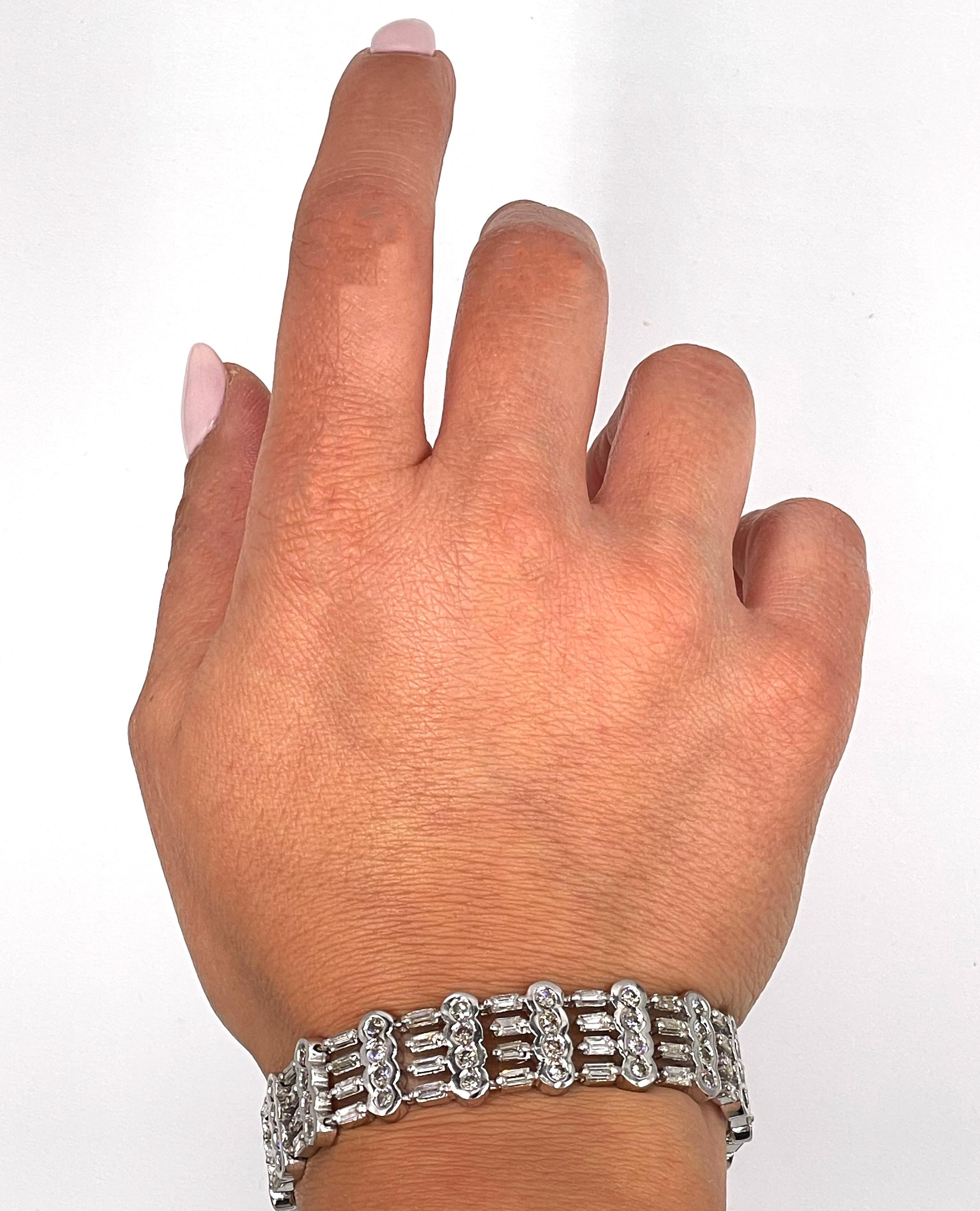 Wide Geometric 9.88 Carat Round & Baguette Diamond Bracelet in 18K White Gold For Sale 3