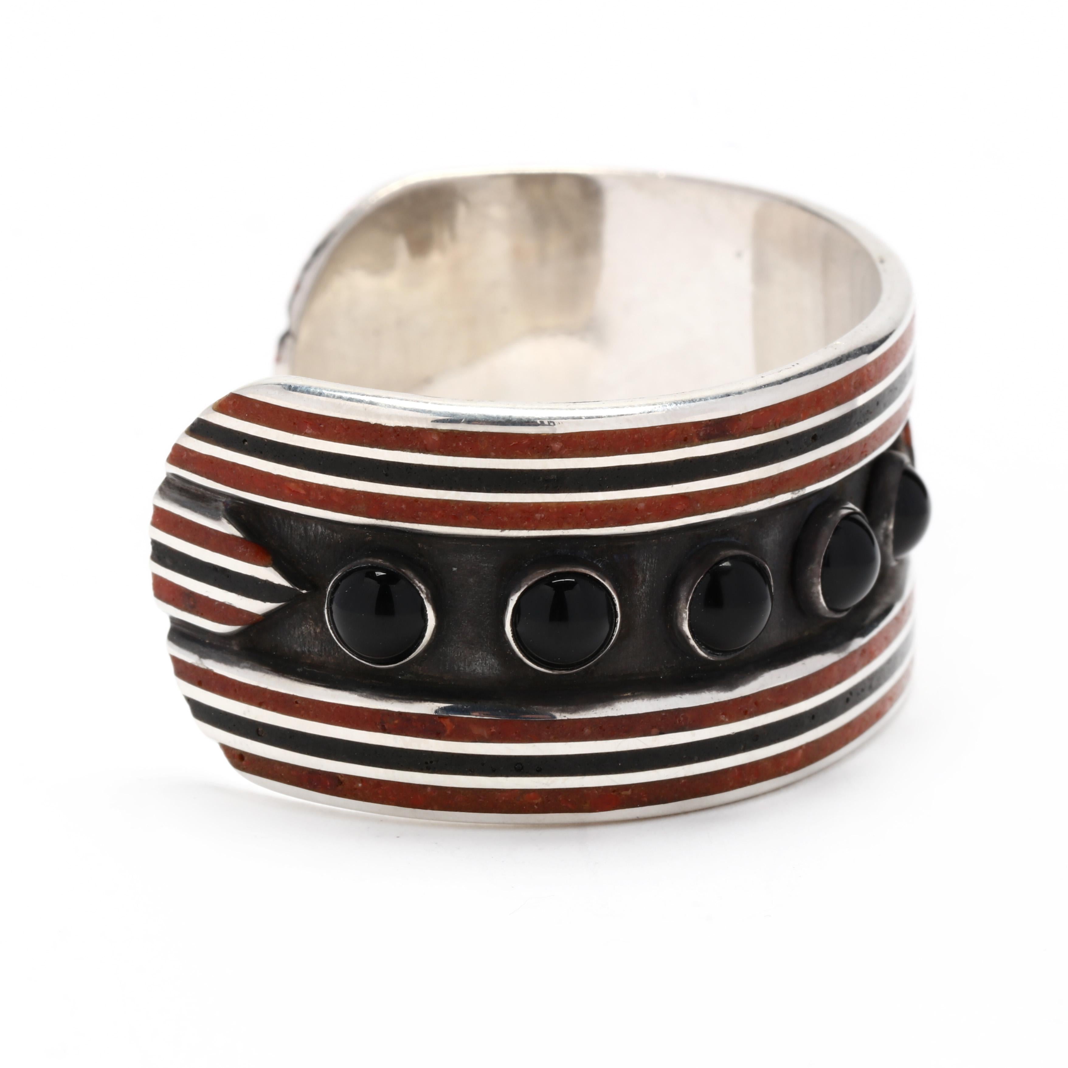Wide Geometric Black Onyx Enamel Cuff Bracelet, Sterling Silver In Good Condition For Sale In McLeansville, NC