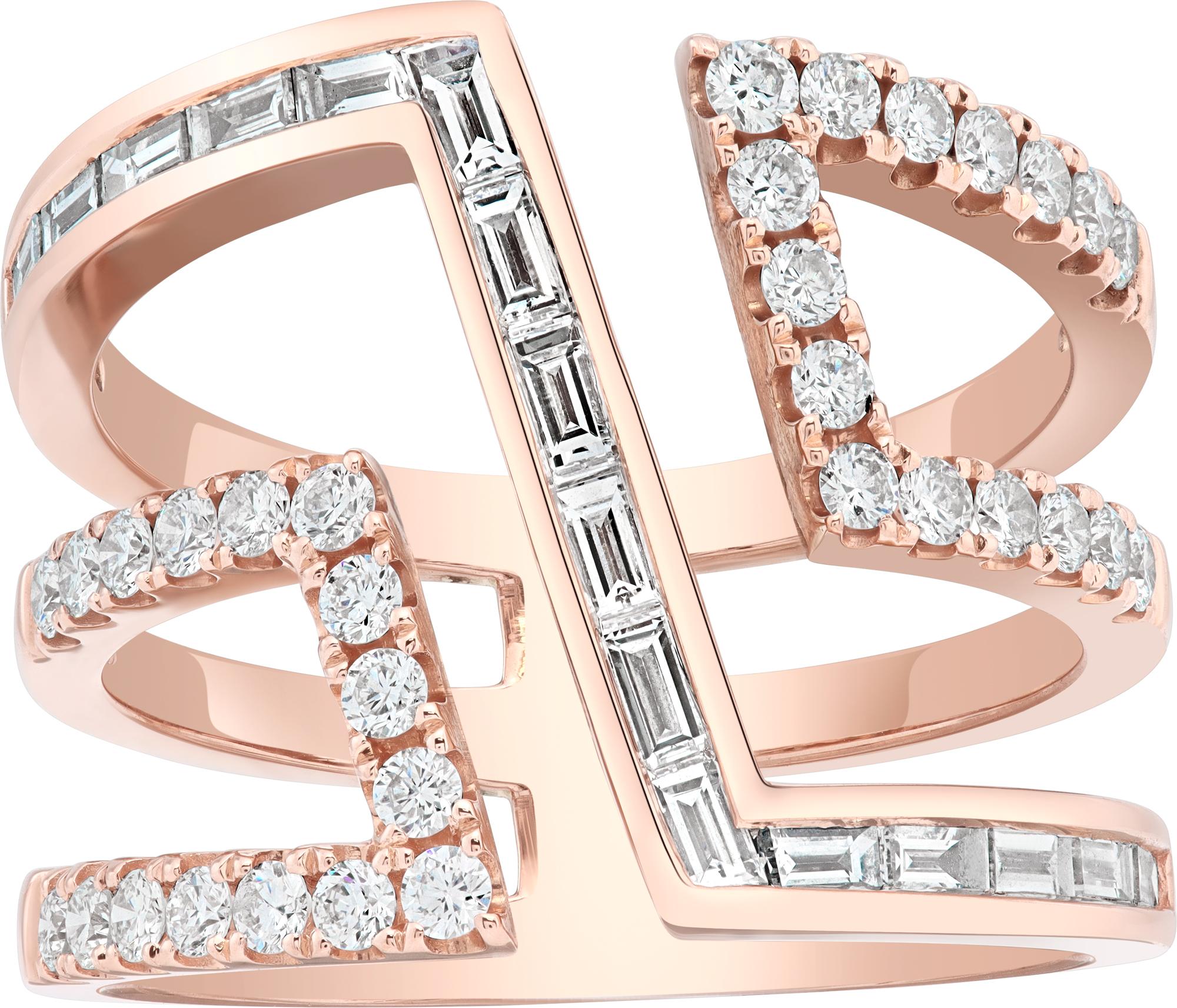 Wide Geometric band in 18k rose gold approximatly:1 carat in round and baguette diamonds. I-J color, VS clarity. Size 7

This Diamond ring is currently size 7 and some items can be sized up or down, please ask! It weighs 5 pennyweights and is 18k.