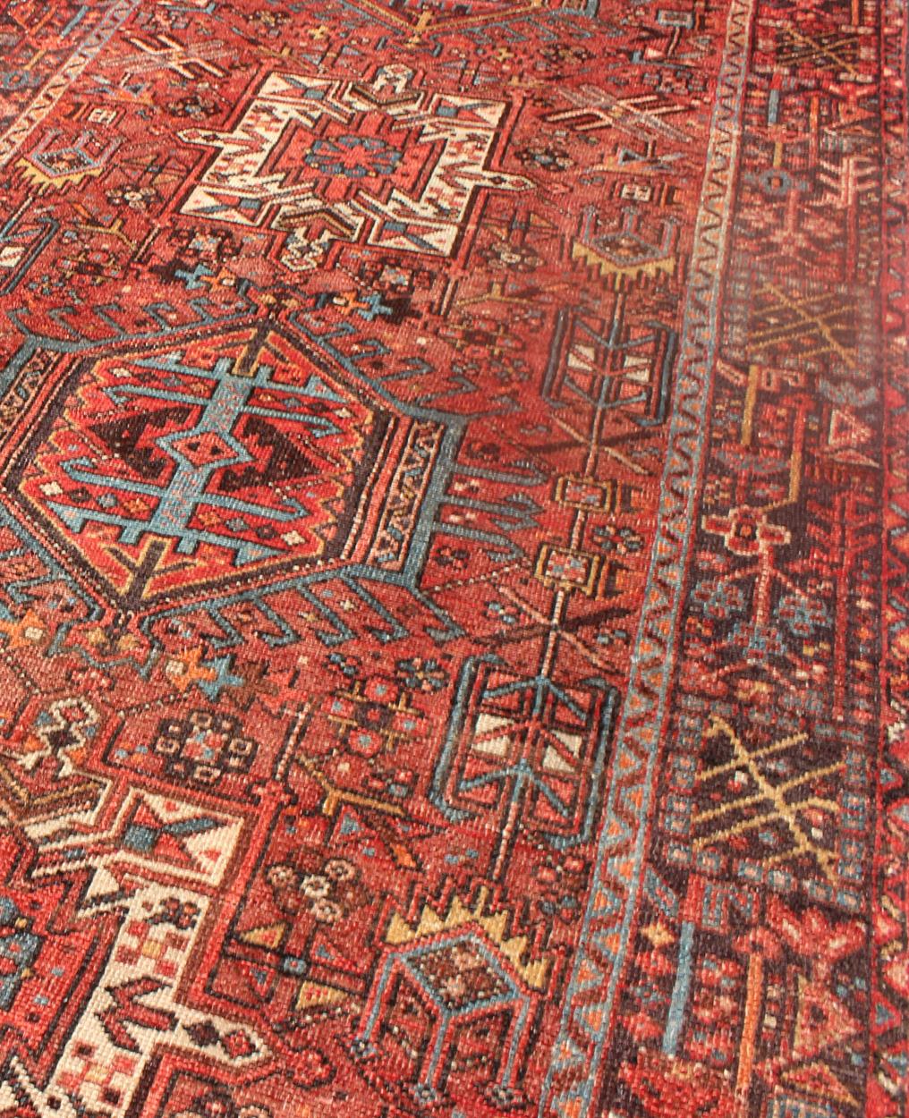 Hand-Knotted Wide Geometric Persian Heriz Runner with Medallions in Red & Jewel Tones For Sale