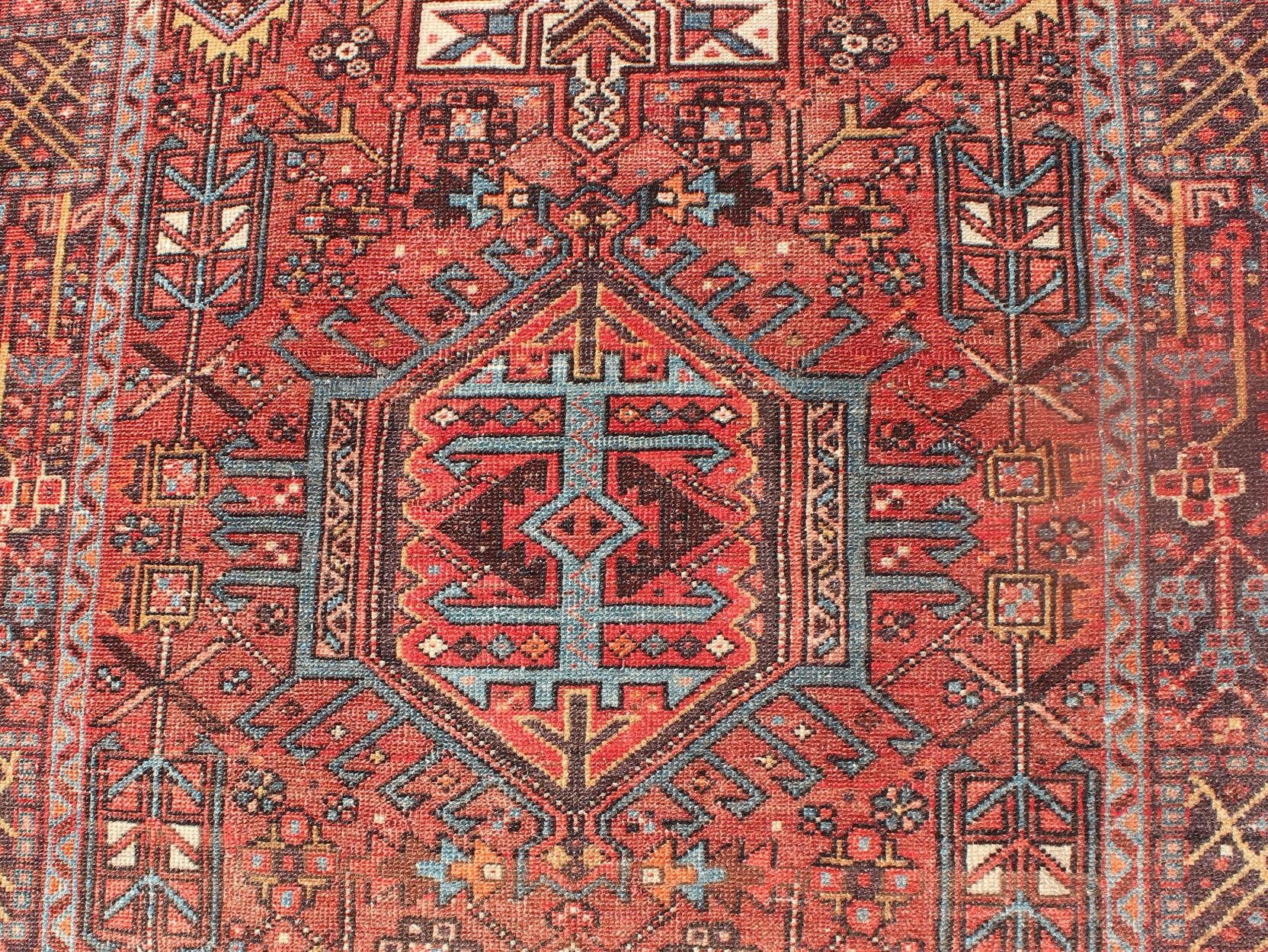 20th Century Wide Geometric Persian Heriz Runner with Medallions in Red & Jewel Tones For Sale