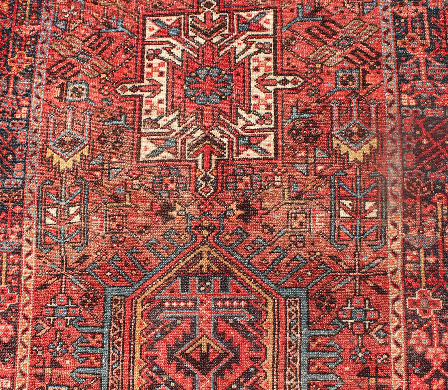 Wool Wide Geometric Persian Heriz Runner with Medallions in Red & Jewel Tones For Sale