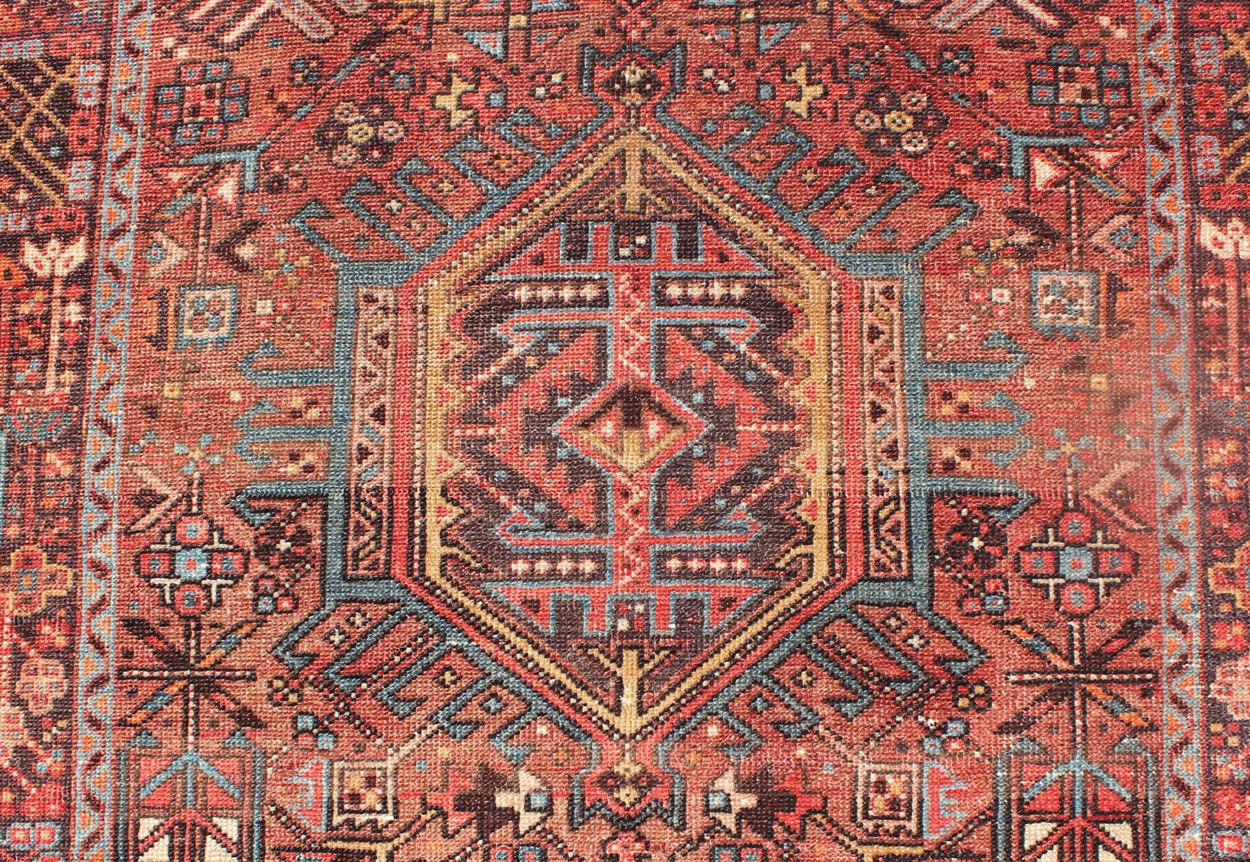 Wide Geometric Persian Heriz Runner with Medallions in Red & Jewel Tones For Sale 1