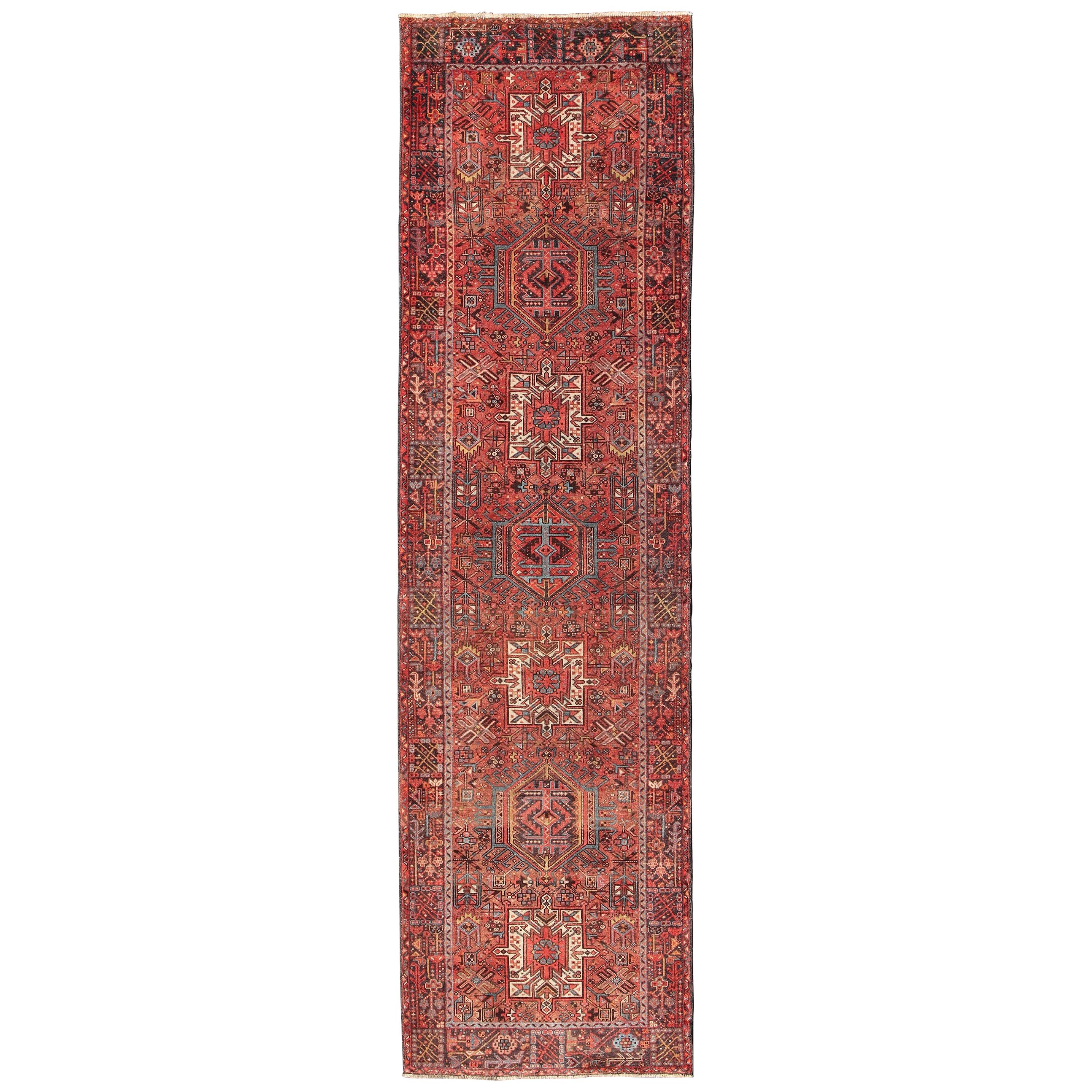 Wide Geometric Persian Heriz Runner with Medallions in Red & Jewel Tones For Sale