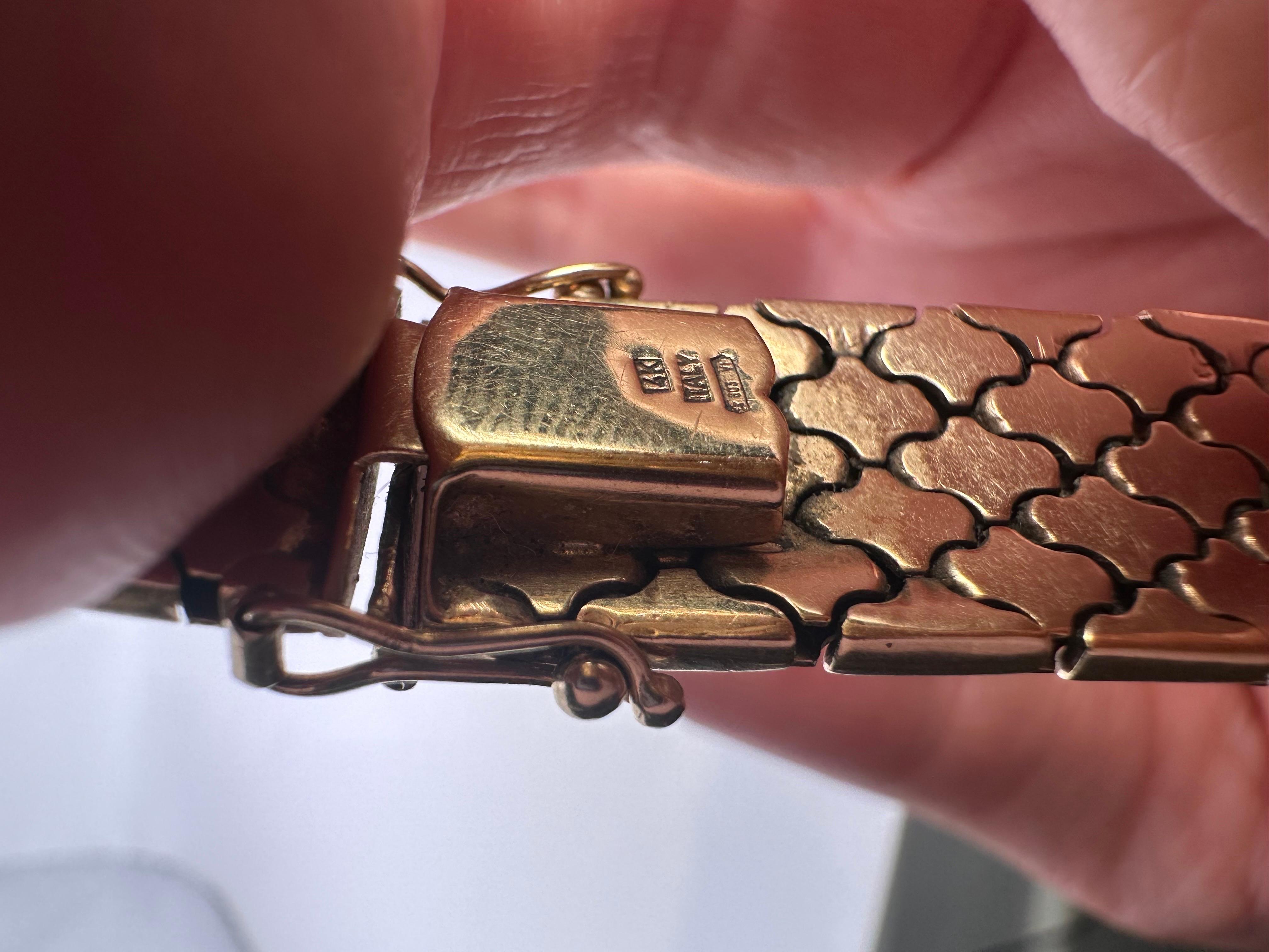 Wide gold bracelet 14KT gold unique designer bracelet For Sale 1