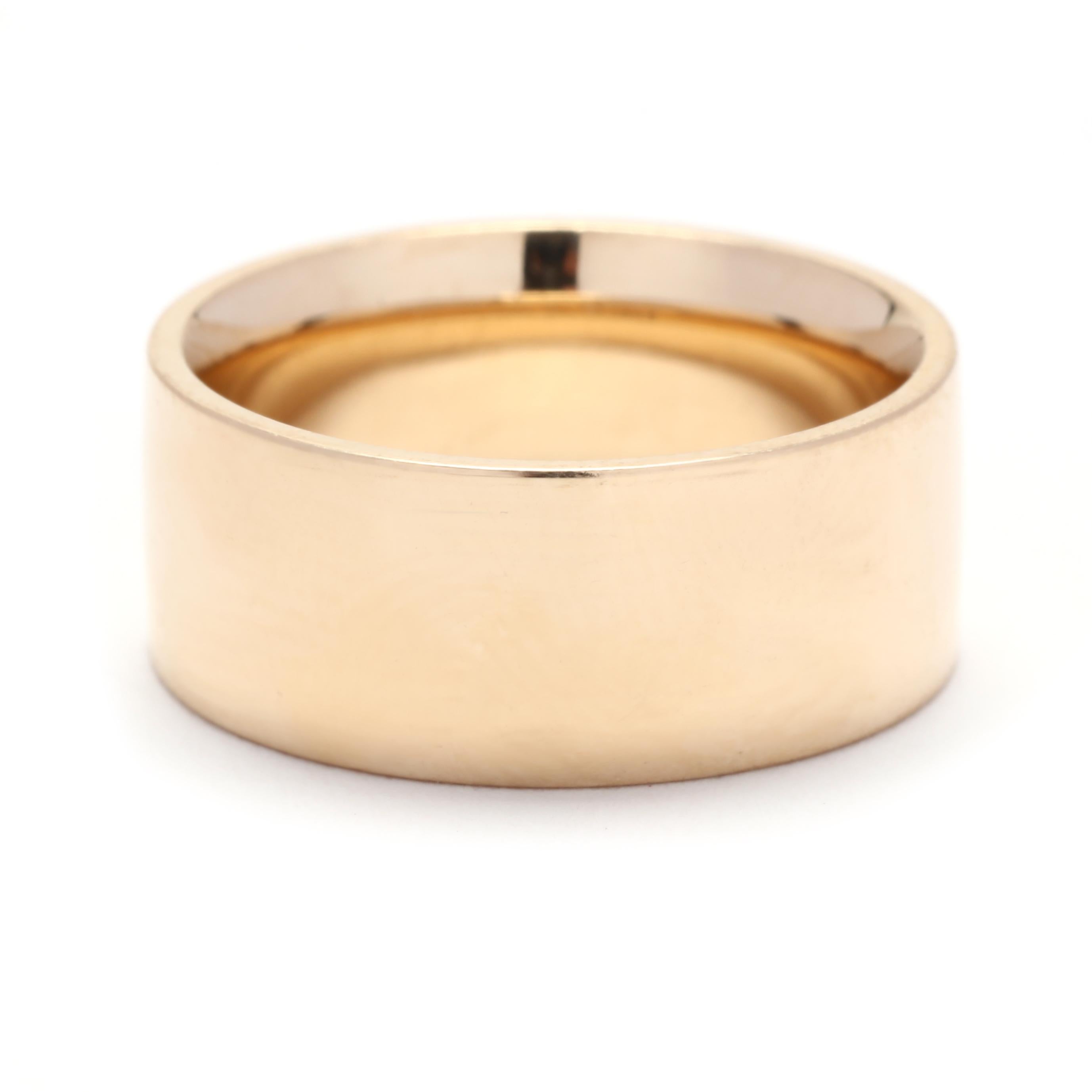 This wide gold cigar band is a stunning and unique piece of jewelry that will make a bold statement. Made from 14k yellow gold, it features a wide and solid design with a smooth and polished finish. With a ring size of 5, this cigar band is perfect