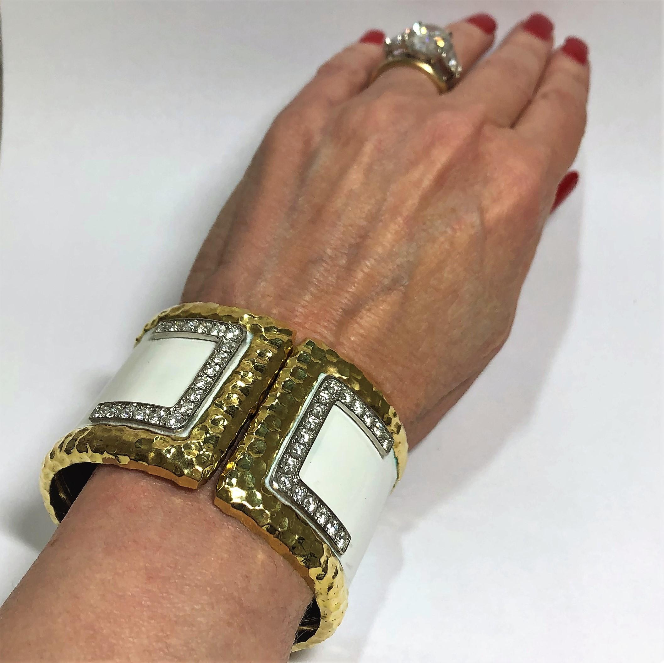 Wide Gold Cuff with Hammered Design and Diamonds For Sale 4