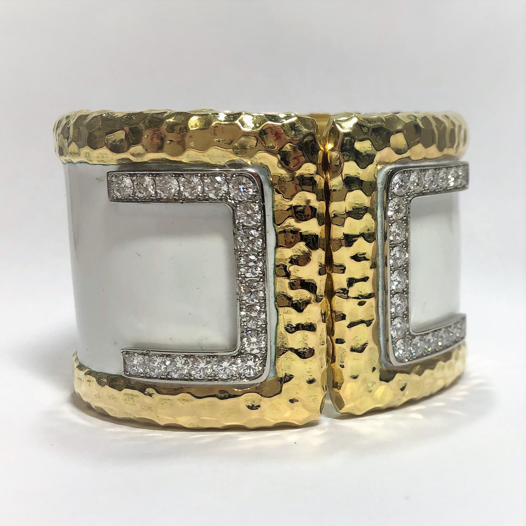 Wide Gold Cuff with Hammered Design and Diamonds For Sale 2
