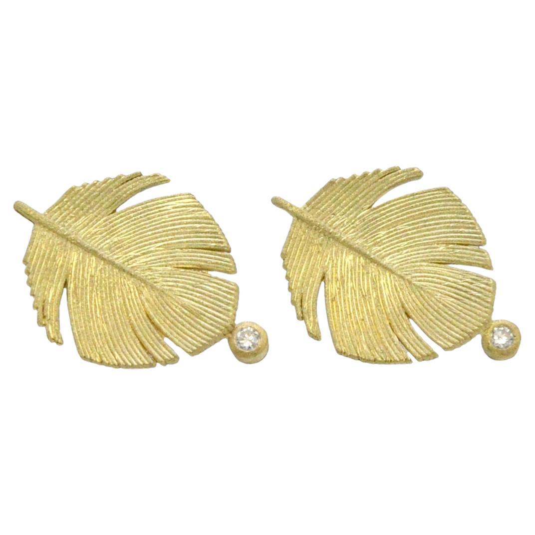 Wide Gold Feather Earrings with Tube Set Diamonds, Small For Sale