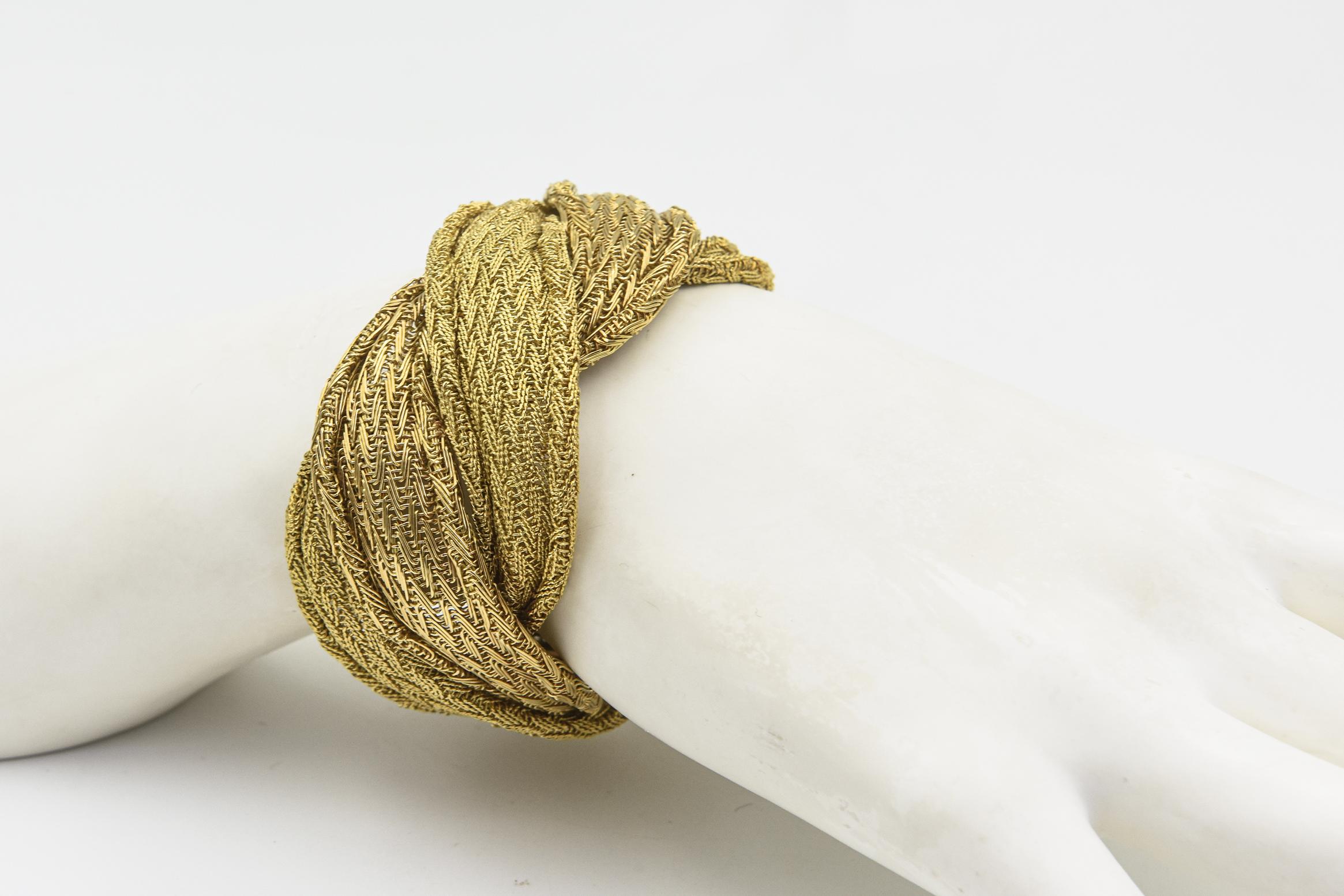 Wide Handmade Woven Yellow Gold Braid Bracelet For Sale 6