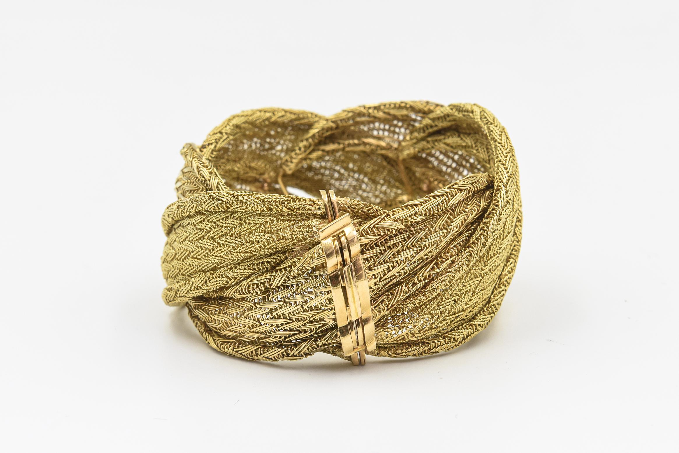 Women's or Men's Wide Handmade Woven Yellow Gold Braid Bracelet For Sale