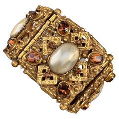 Vintage WIDE  High-End Gold Plated Jeweled Openwork Panel Bracelet: