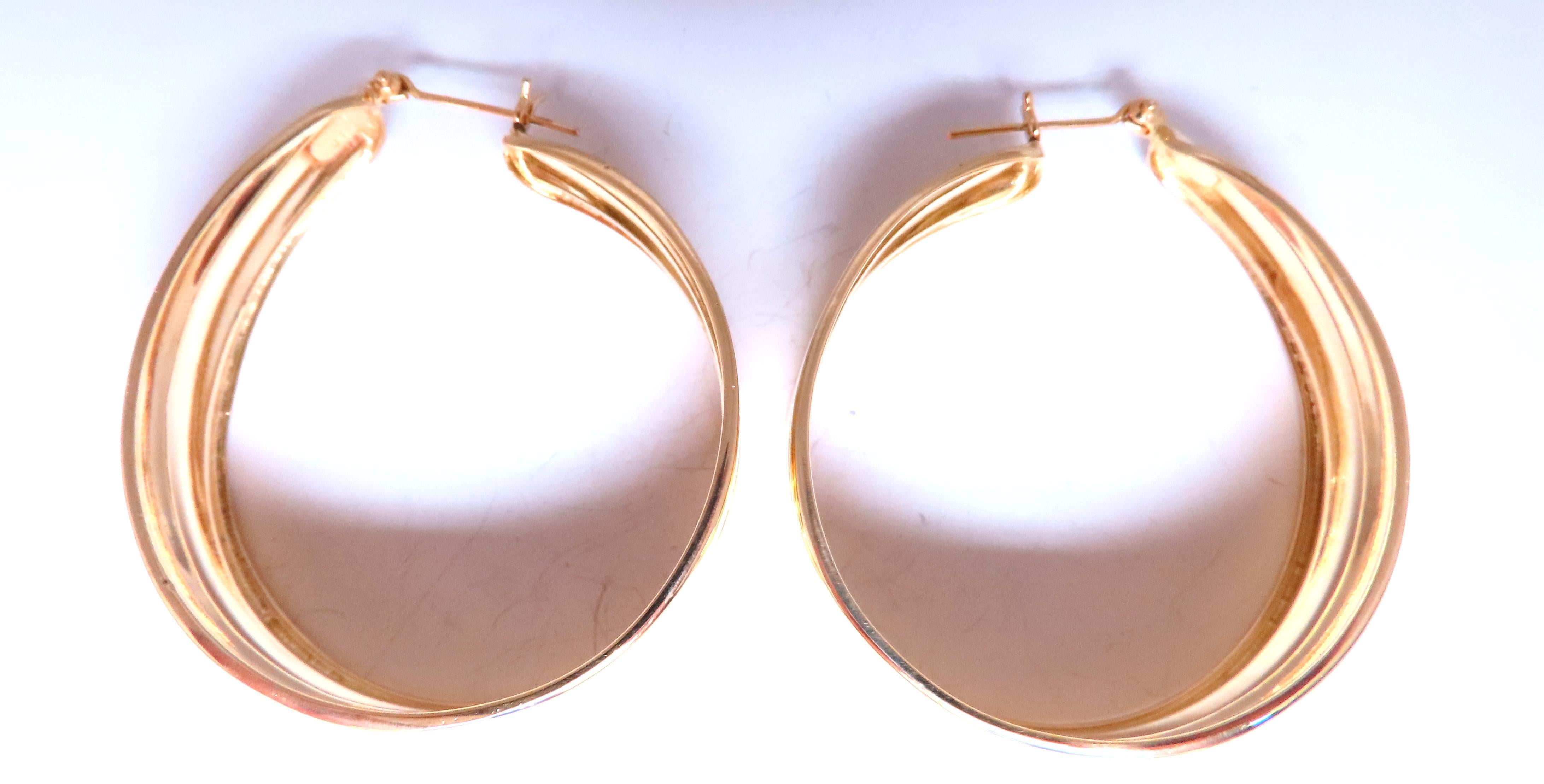 Contemporary Wide High Shine Tributed Hoop Earrings 14kt Gold 12587 For Sale