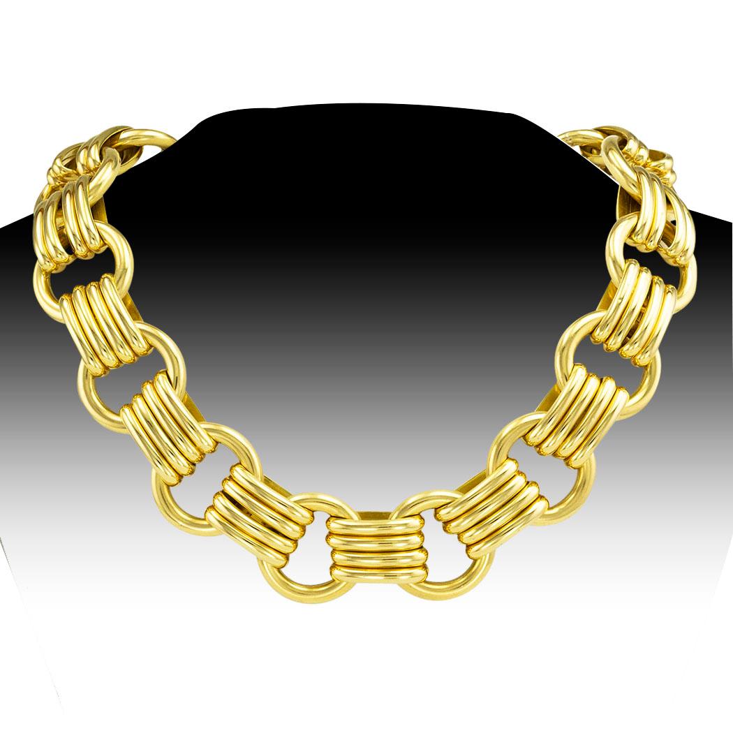 Italian double link gold choker necklace circa 1990. 

ABOUT THIS ITEM:  #N1460. Scroll down for specifications.  With its one-inch width this necklace is totally bold, elegant, and a statement-maker. Did we mention that it possesses that inimitable
