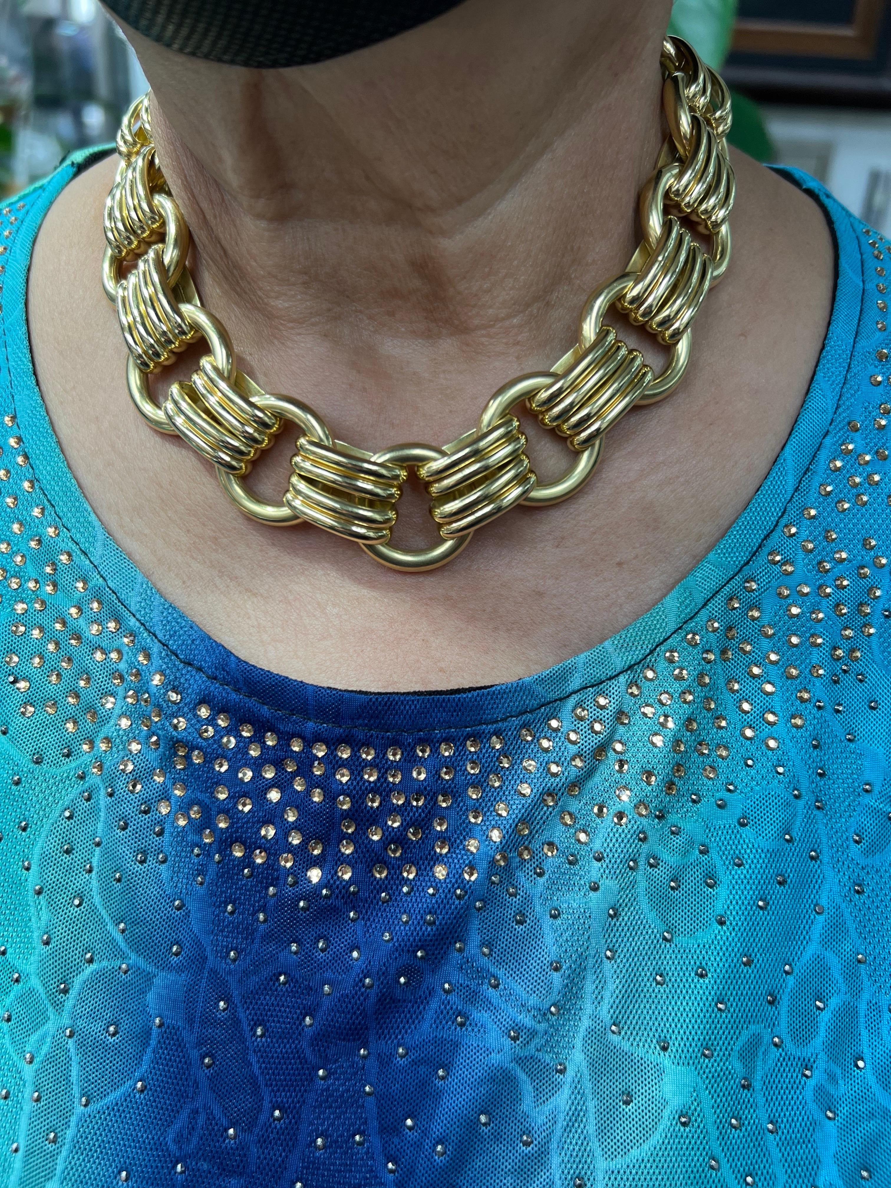 Contemporary Wide Italian Yellow Gold Link Necklace