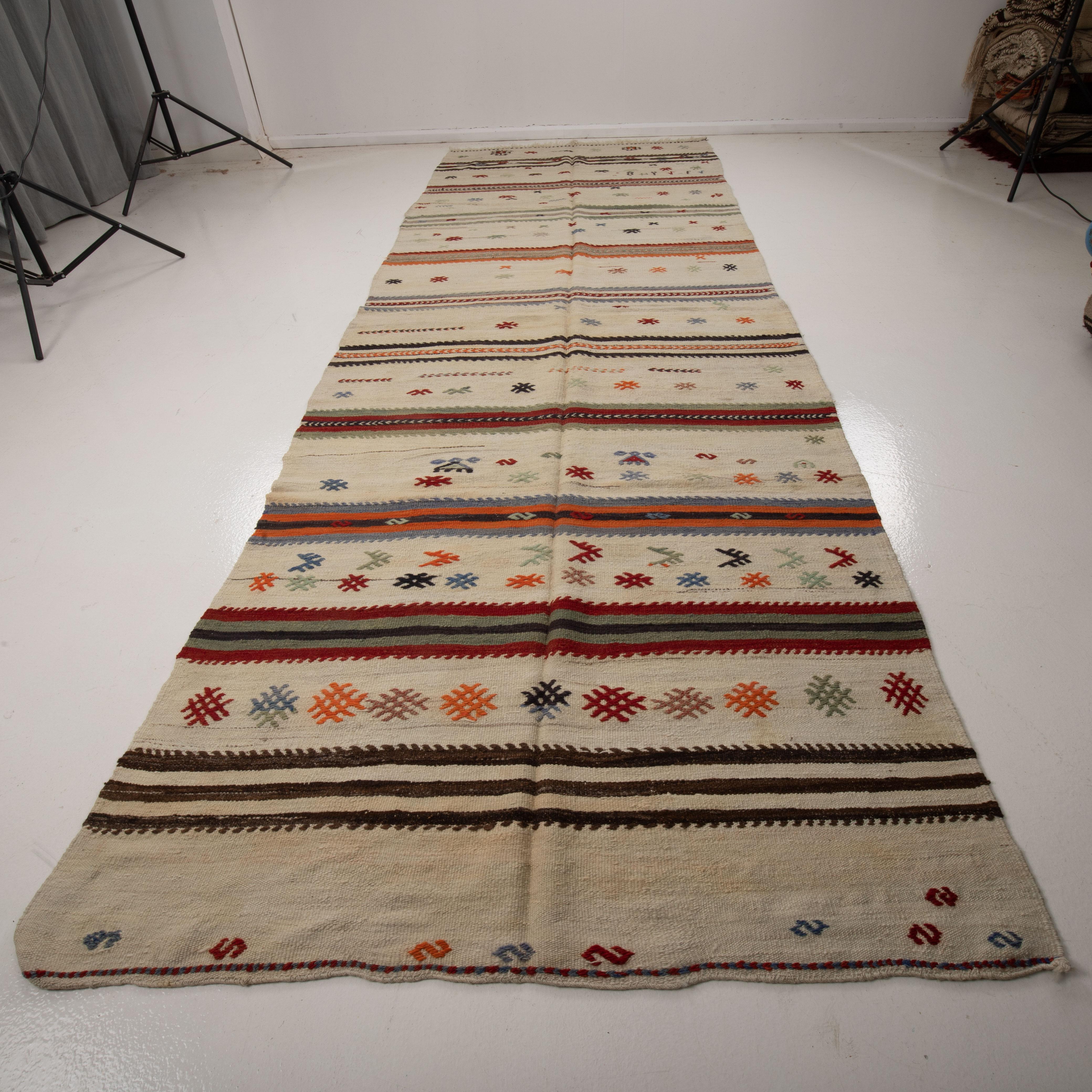 These wide runner size kilims ara called ‘Haba’ from Konya of central Turkey. It is woven with un-dyed yarns and dates back to mid-20th c or earlier times.
It is pure wool.
 