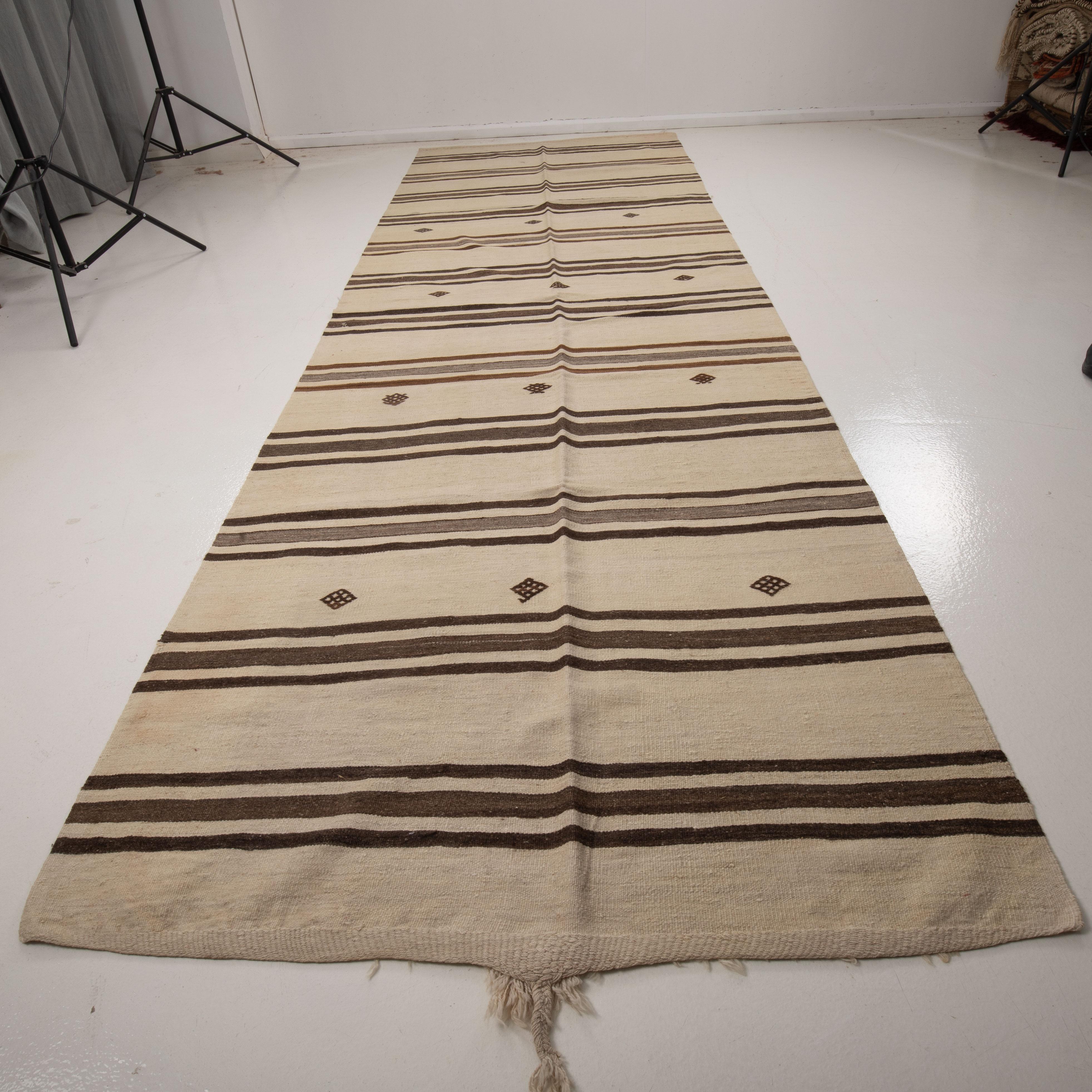 These wide runner size kilims ara called ‘Haba’ from Konya of Central Turkey. It is woven with un-dyed yarns and dates back to mid-20th c or earlier times.
It is pure wool.
 