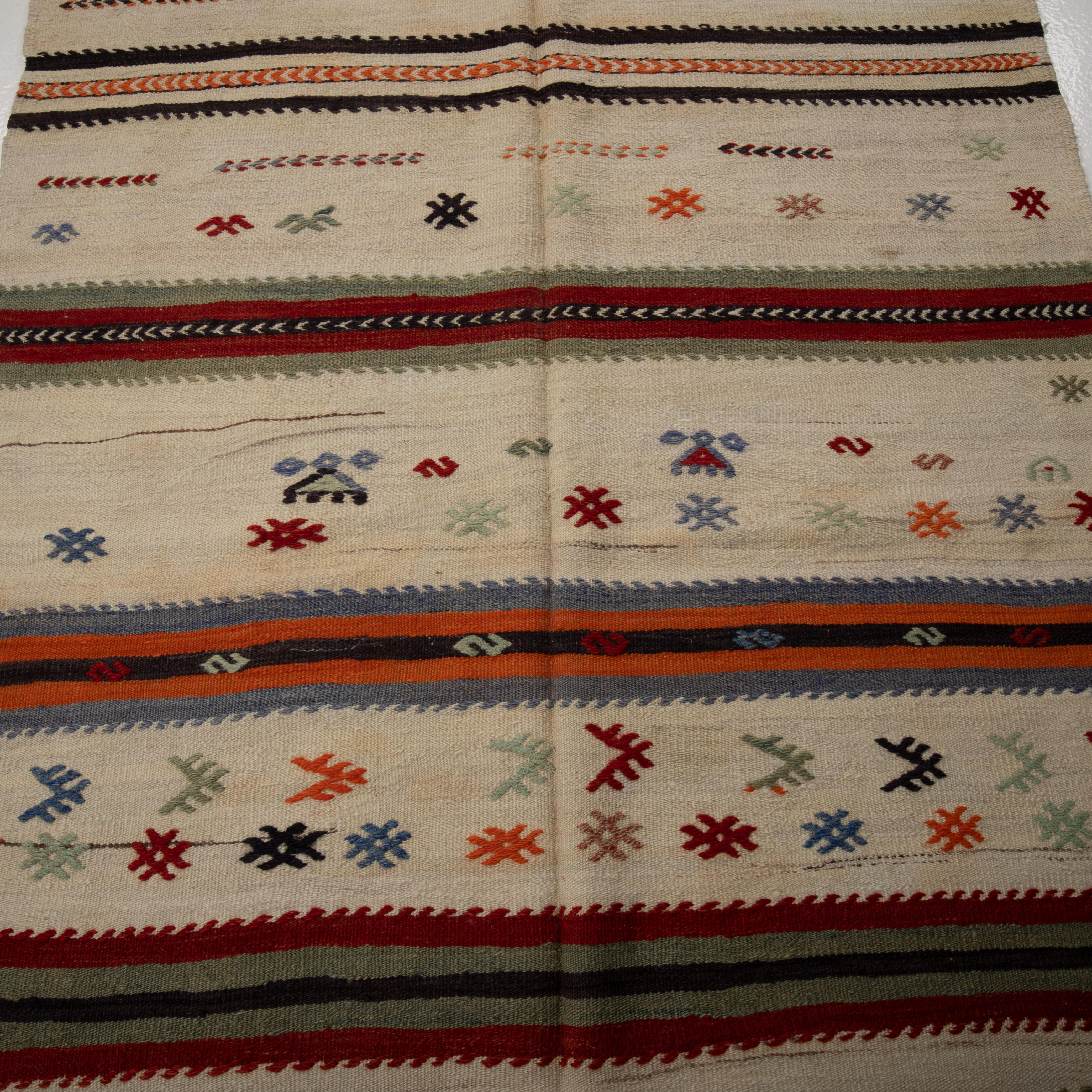 Hand-Woven Wide Kilim Runner from Konya, Central Anatolia, Turkey, Mid-20th C For Sale