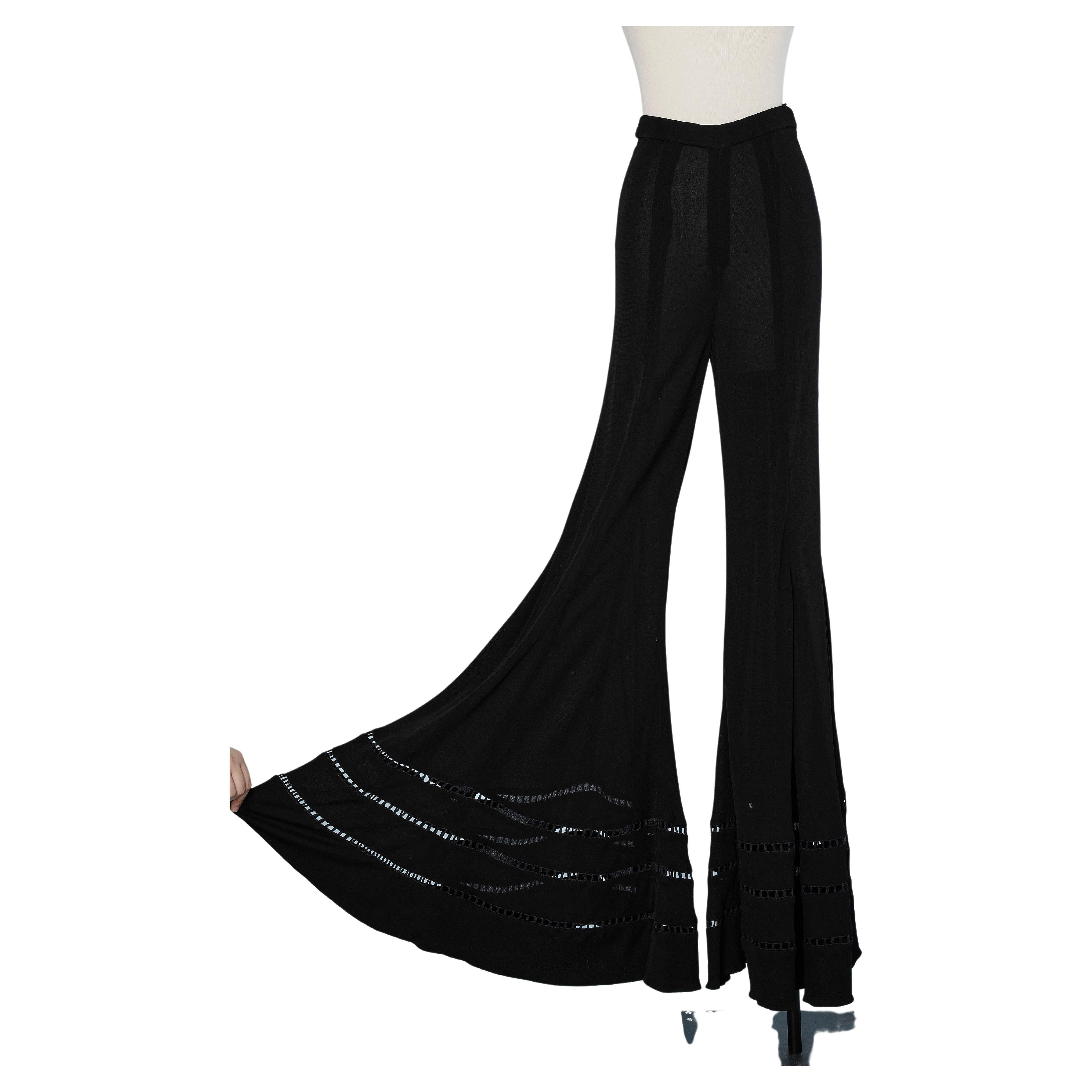 Wide-legs black crêpe jersey trouser with ajouré passementerie bottom Rochas  For Sale