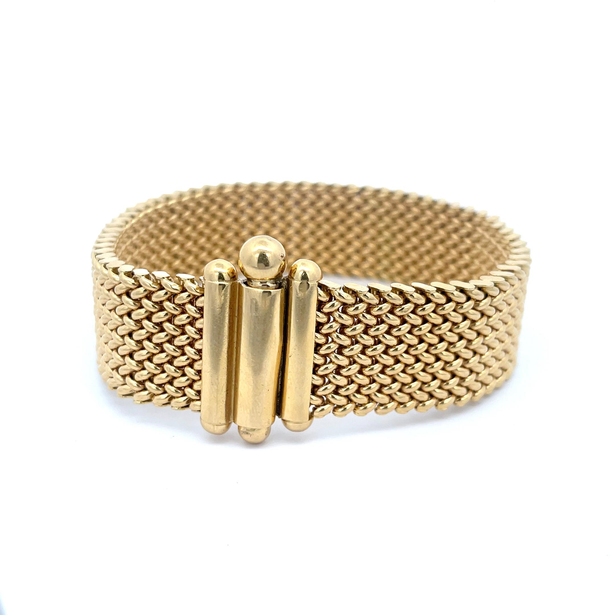 Women's or Men's Wide Mesh Bracelet 18K Yellow Gold For Sale