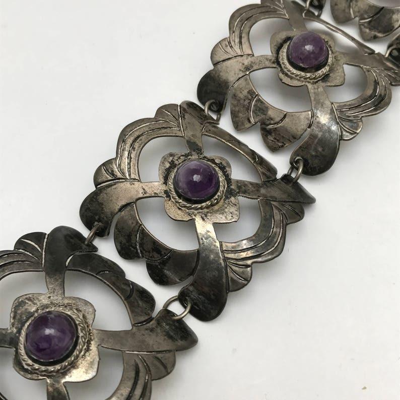 Antique Cushion Cut Wide Mexican Silver Amethyst Bracelet For Sale