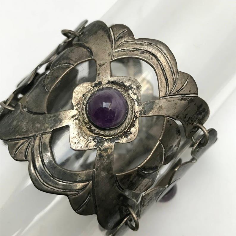 Wide Mexican Silver Amethyst Bracelet In Good Condition For Sale In Monroe Township, NJ