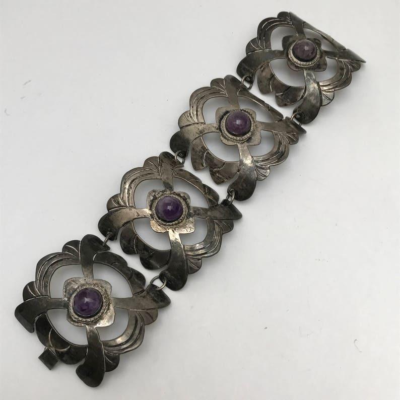 Wide Mexican Silver Amethyst Bracelet For Sale 1