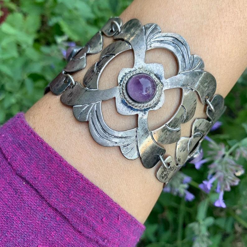 Wide Mexican Silver Amethyst Bracelet For Sale 3