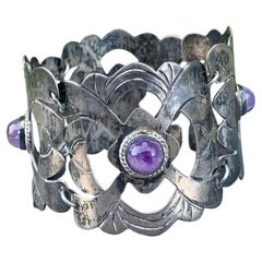 Bracciale largo d'argento messicano con ametista