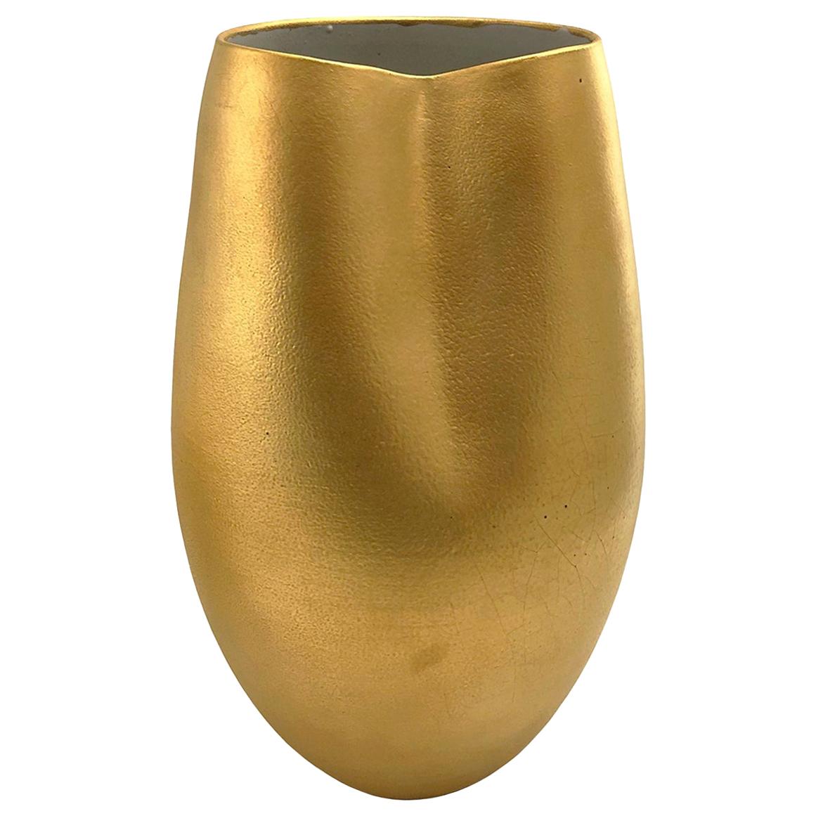 Wide Mouth Ceramic Vase in 22-Karat Matte Crackle Gold Glaze by Sandi Fellman