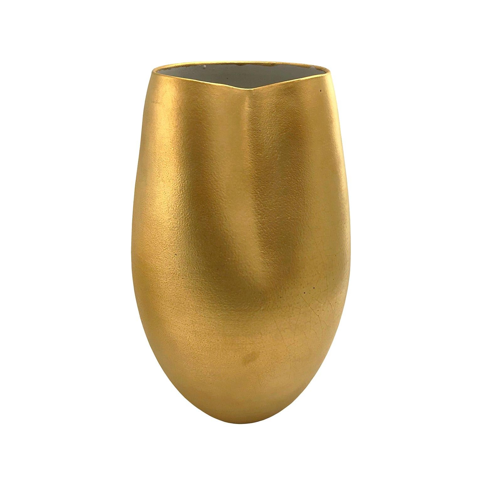 Wide Mouth Ceramic Vase in 22-Karat Matte Crackle Gold Glaze by Sandi Fellman For Sale