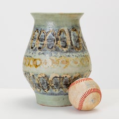Wide-Mouthed Studio Pottery Vase with Blue Striped Glaze