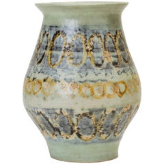 Wide-Mouthed Studio Pottery Vase with Blue Striped Glaze