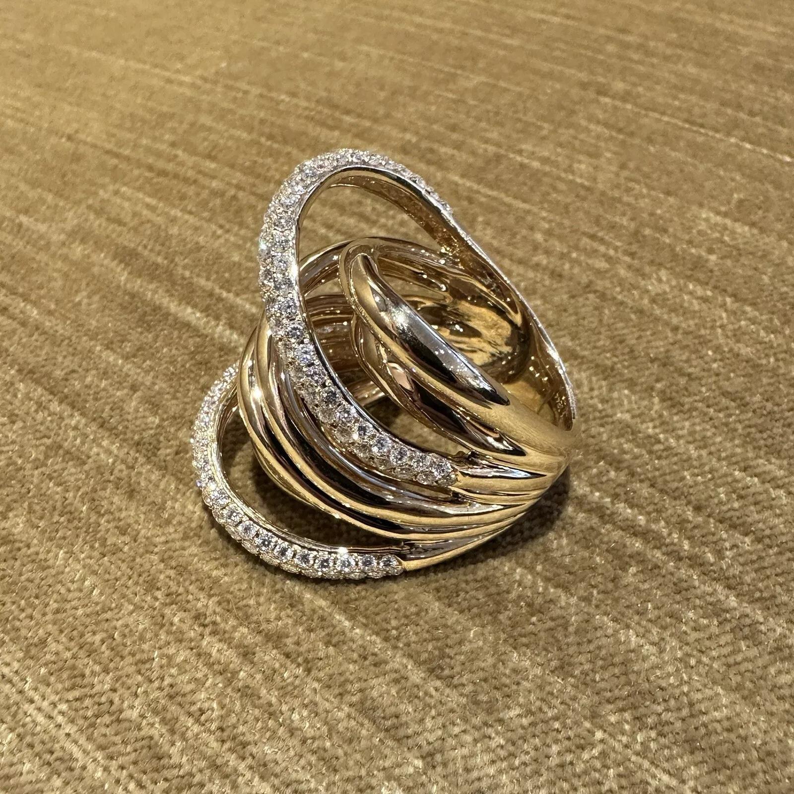 Round Cut Wide Multi band Crossover Diamond Cocktail Ring in 18k Yellow Gold