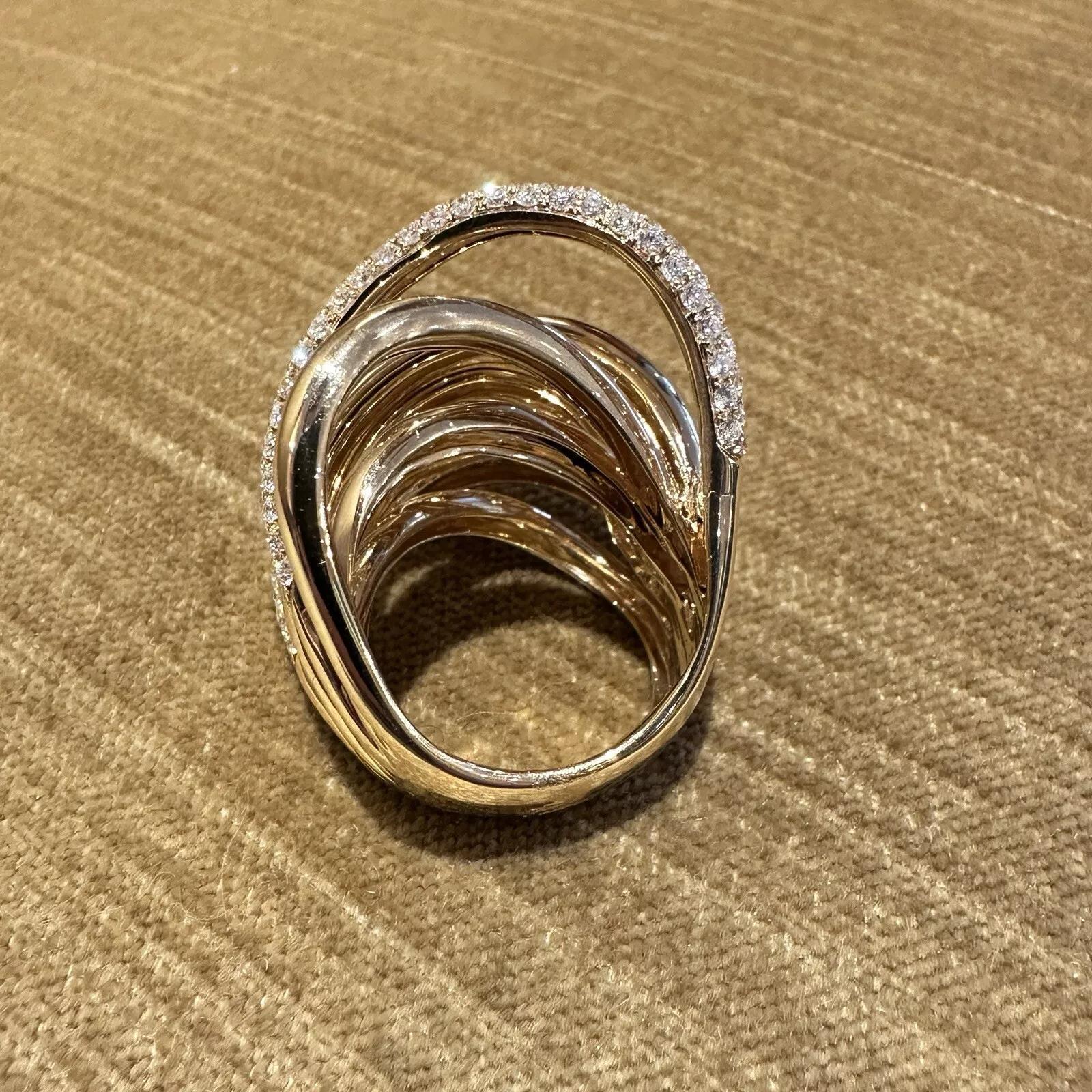 Wide Multi band Crossover Diamond Cocktail Ring in 18k Yellow Gold In Excellent Condition In La Jolla, CA