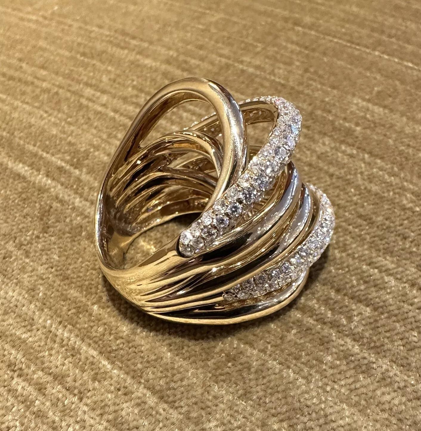 Women's Wide Multi band Crossover Diamond Cocktail Ring in 18k Yellow Gold