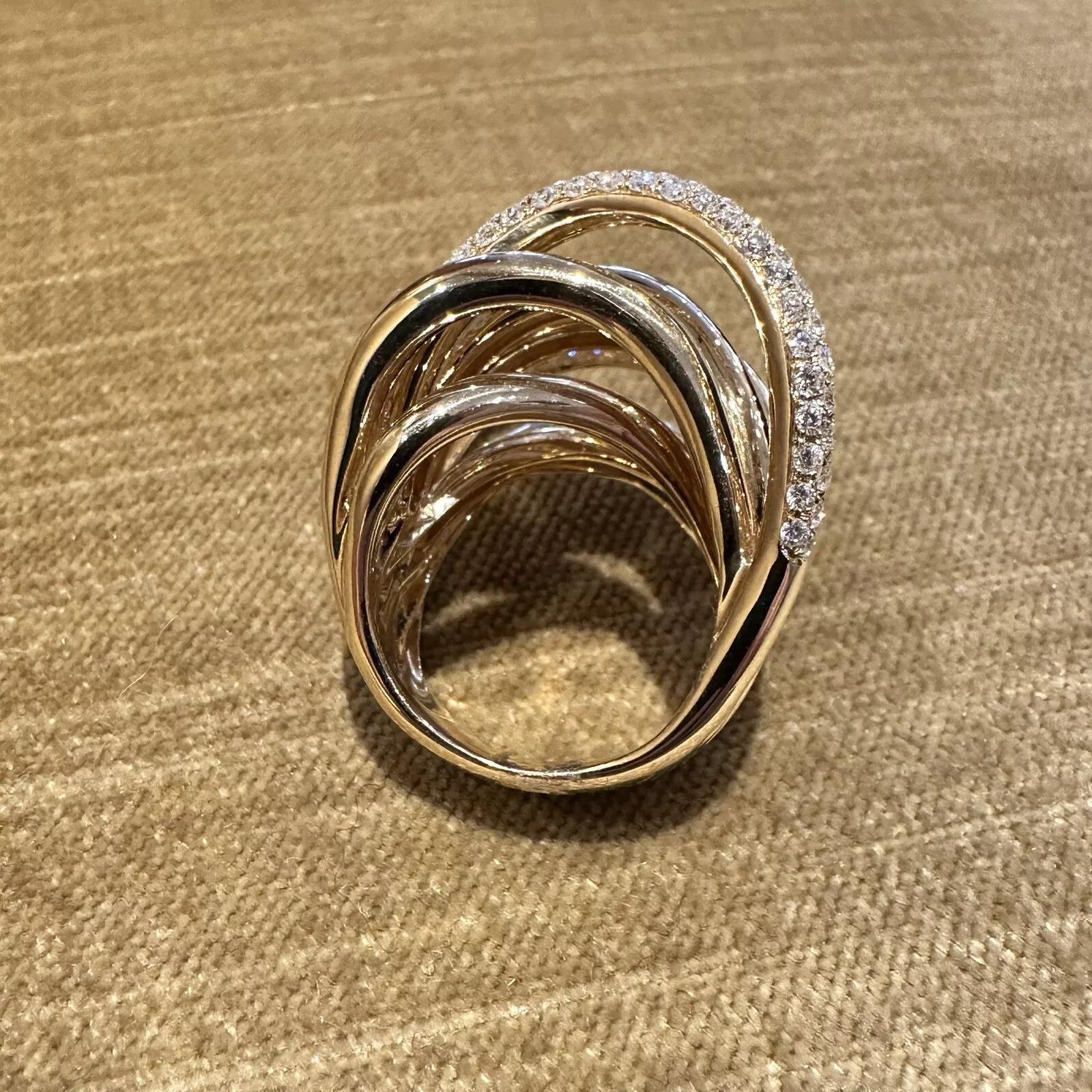 Wide Multi band Crossover Diamond Cocktail Ring in 18k Yellow Gold 1