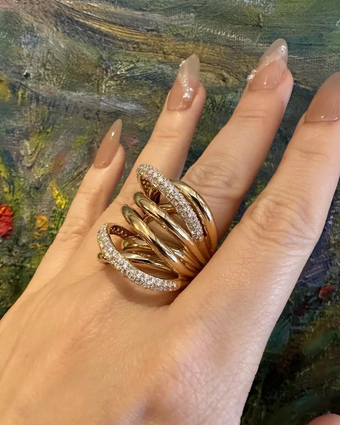 Wide Multi band Crossover Diamond Cocktail Ring in 18k Yellow Gold 2
