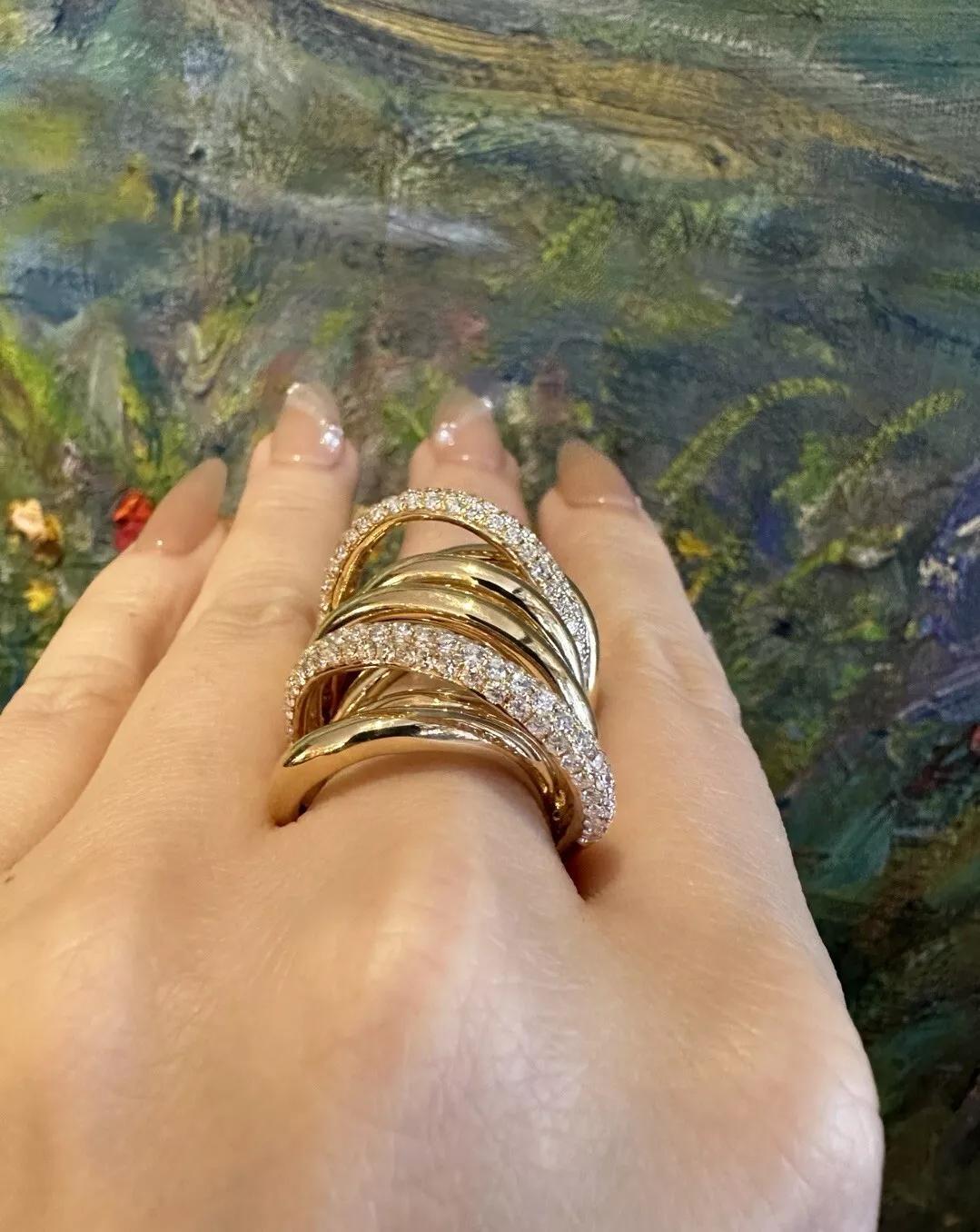 Wide Multi band Crossover Diamond Cocktail Ring in 18k Yellow Gold 3
