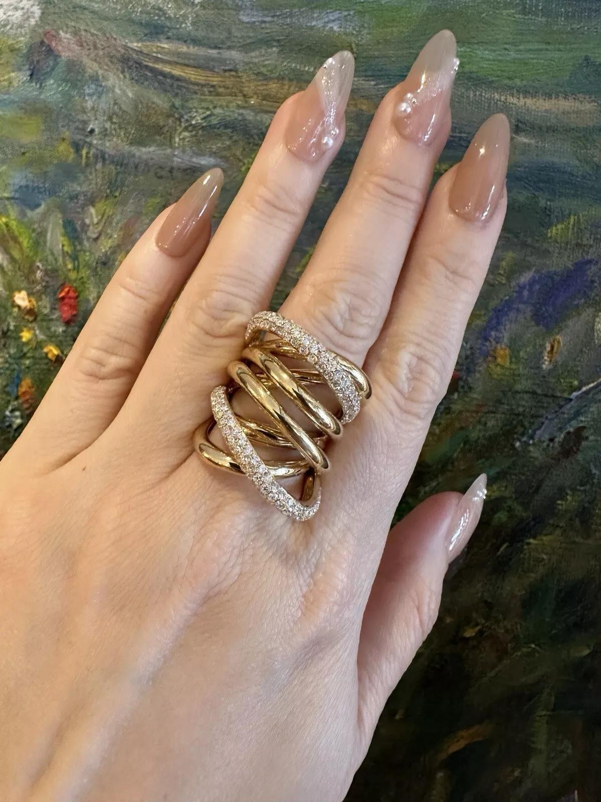 Wide Multi band Crossover Diamond Cocktail Ring in 18k Yellow Gold 4