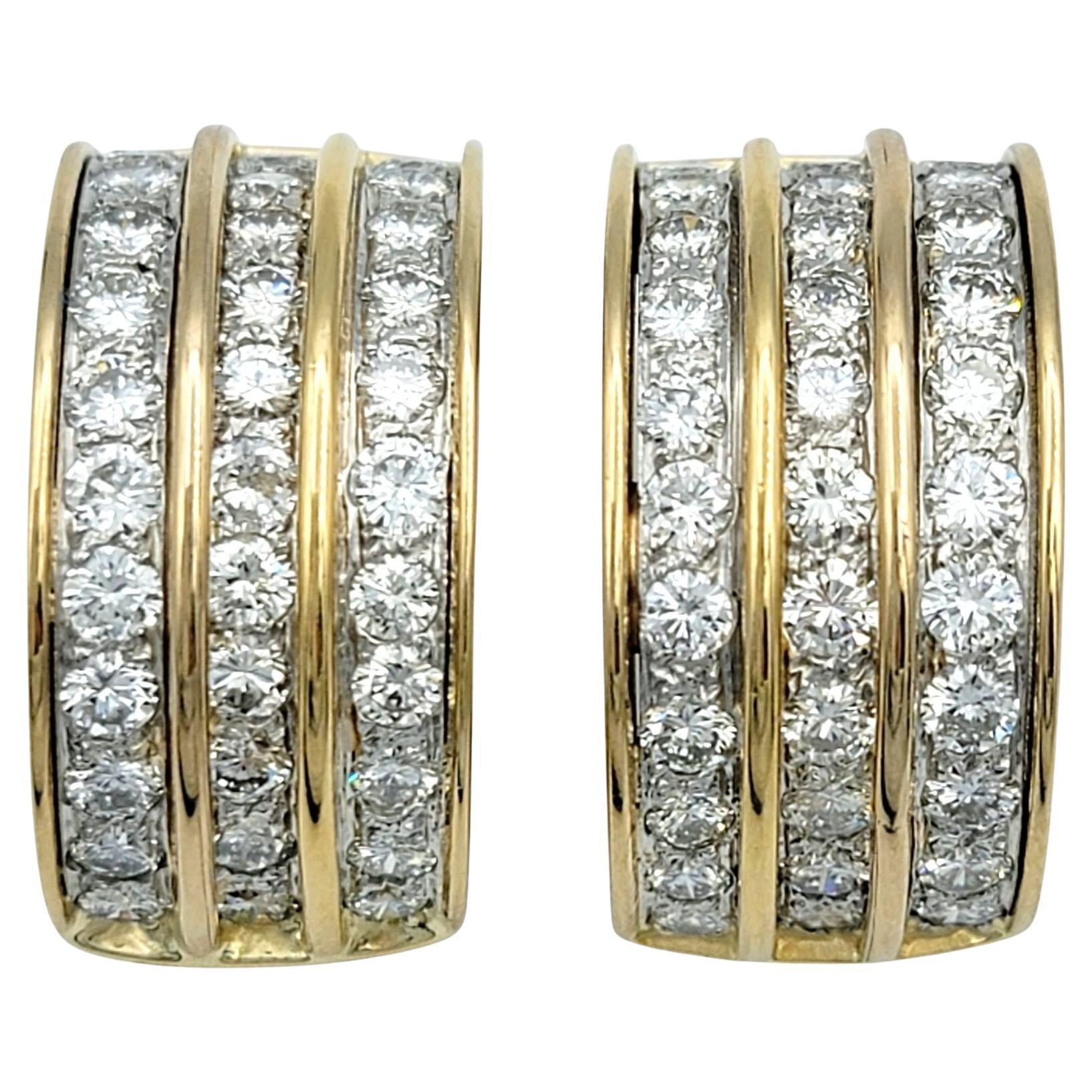 Wide Multi-Row Round Diamond Half Hoop Earrings 14 Karat Yellow Gold & Platinum