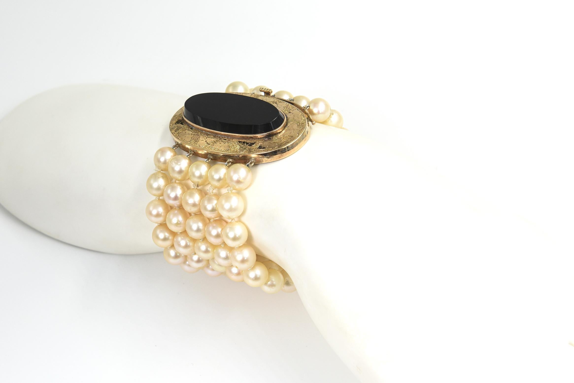 Wide Multi-Strand Cultured Pearl Bracelet with Onyx and Etched Leaf Gold Clasp 1