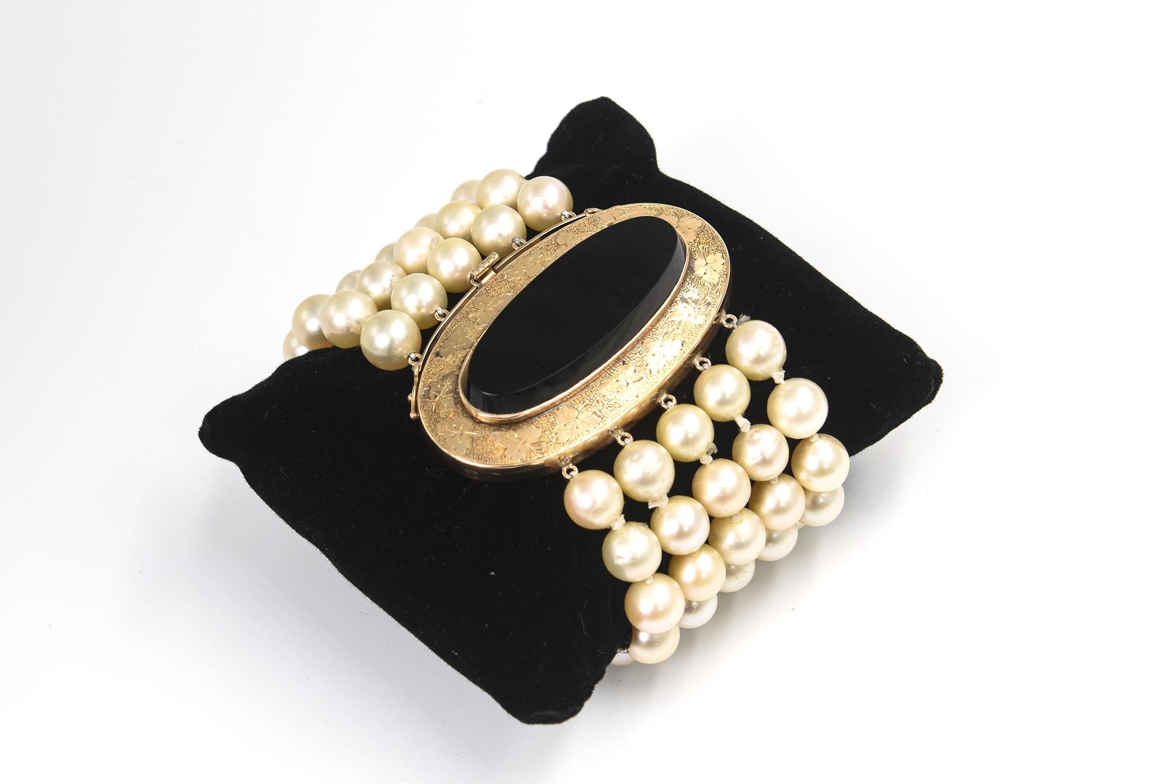Wide Multi-Strand Cultured Pearl Bracelet with Onyx and Etched Leaf Gold Clasp 2