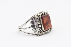 Wide Navajo Native American Spiny Oyster Silver Cuff Bracelet by Gilbert Adakai