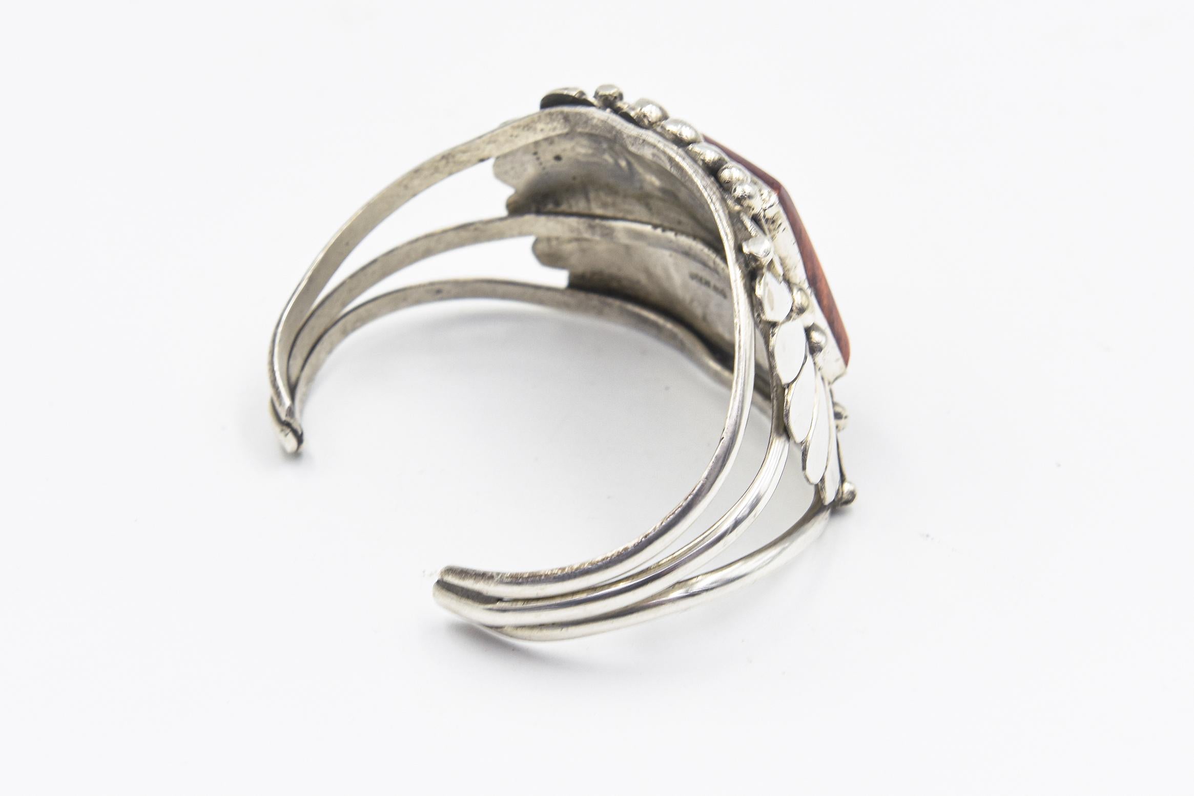 Wide Navajo Native American Spiny Oyster Silver Cuff Bracelet by Gilbert Adakai For Sale 3