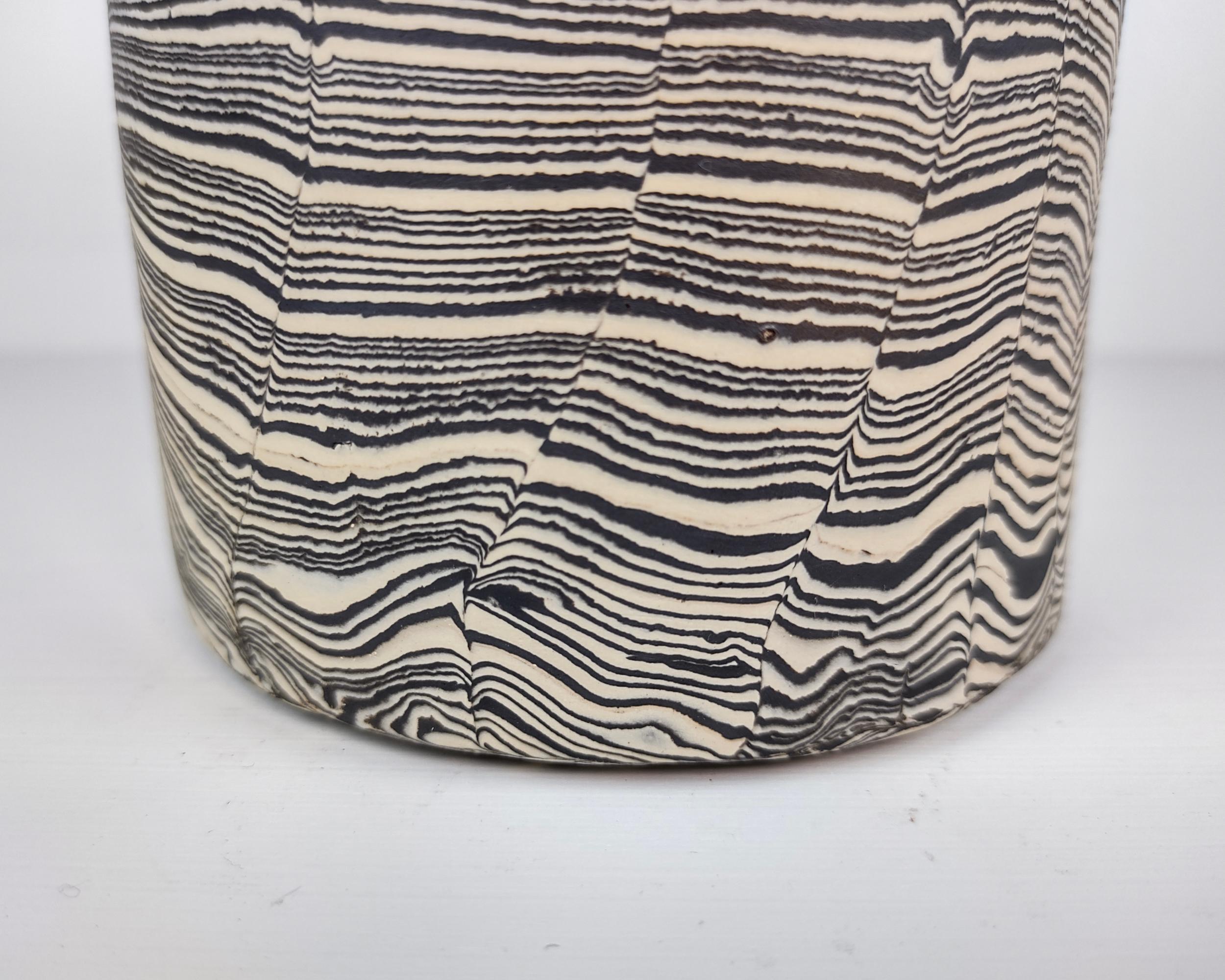Hand-Crafted Wide Nerikomi Black and White Striped Vase by Fizzy Ceramics For Sale