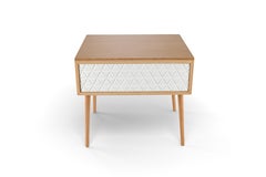 Wide Oak Wood Nightstand with Hand-Crafted White Lacquered Drawer