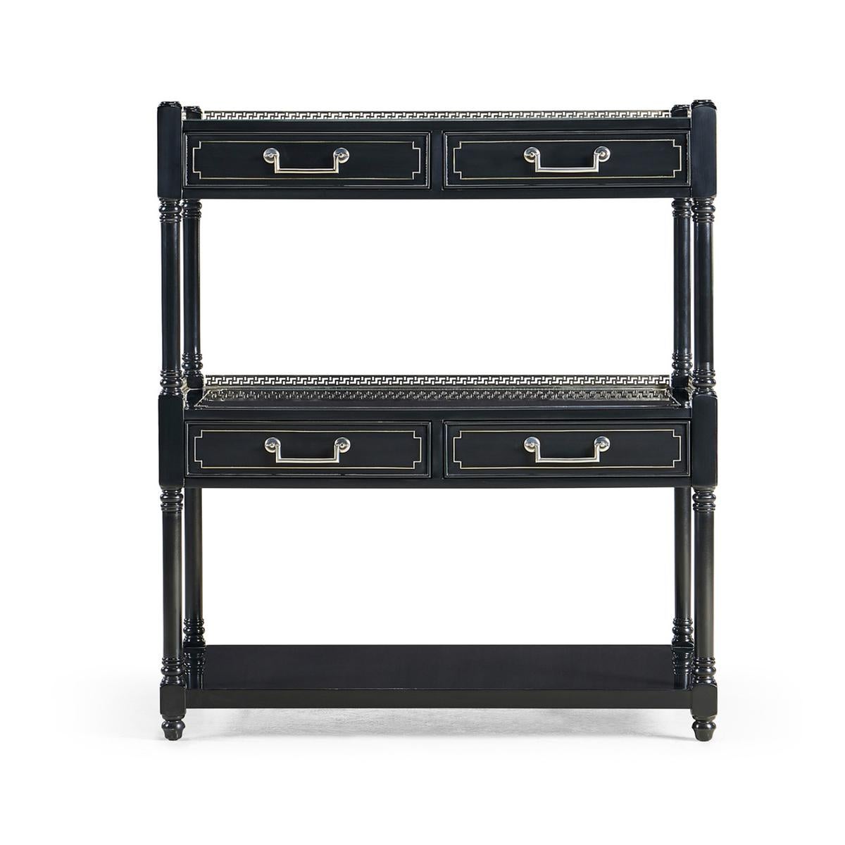 English Regency style three-tier wide painted etagere, capturing the essence of old-world drama and modern luxury. Black lacquered, the solid hardwood case features two double drawer shelves with white brass accents and gallery that beg to be laden